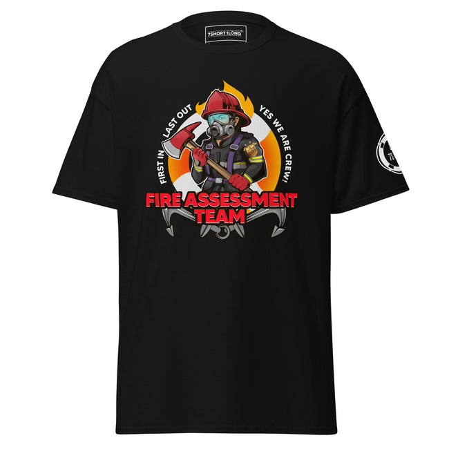 Maritime T-shirt with Fire Assessment Team design, representing onboard emergency response and ship fire brigade entering fire zones during emergencies. Hover Image