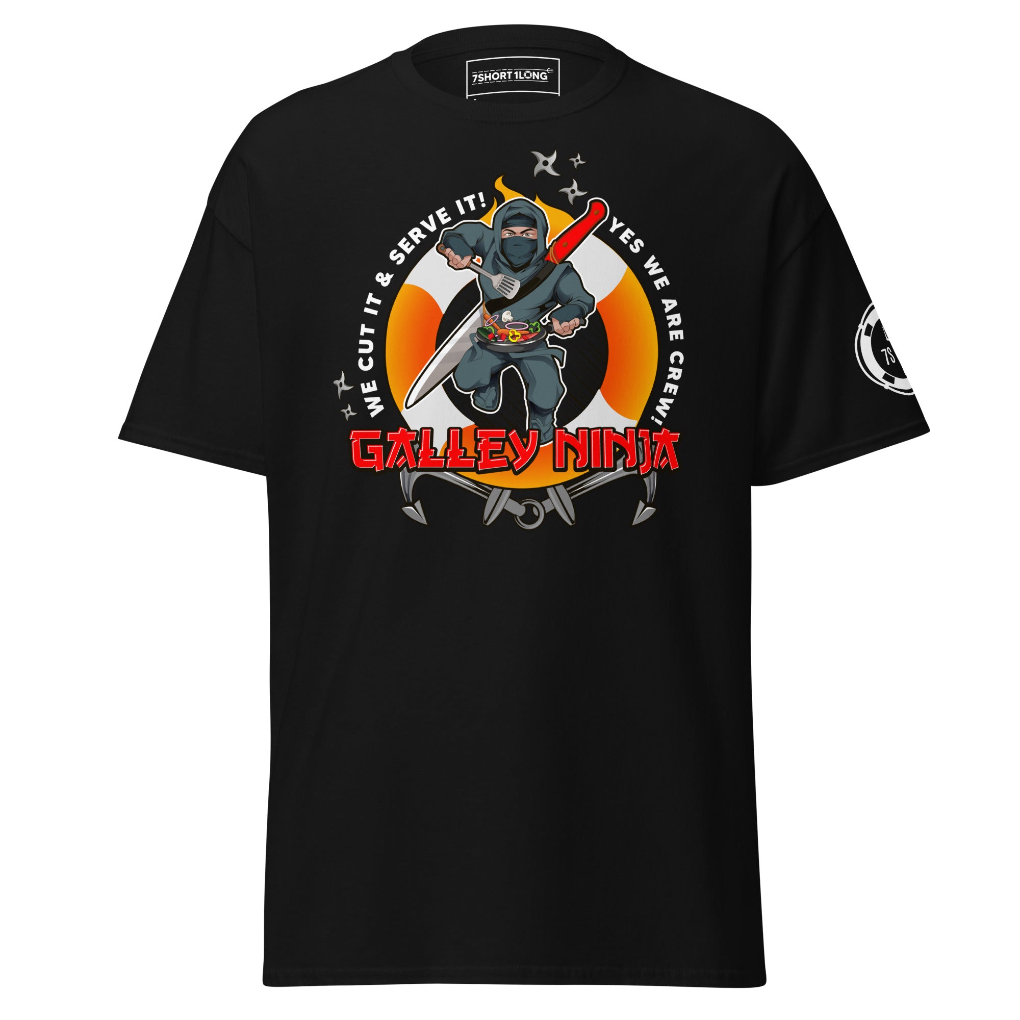 Maritime T-shirt with Galley Department “Galley Ninja” design, representing ship cooks and galley crew preparing meals to support crew morale on board.