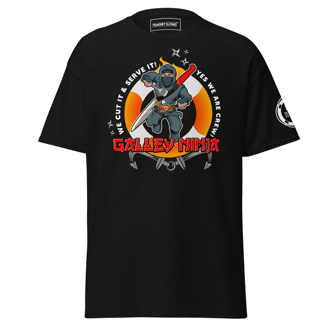 Maritime T-shirt with Galley Department “Galley Ninja” design, representing ship cooks and galley crew preparing meals to support crew morale on board. Hover Image
