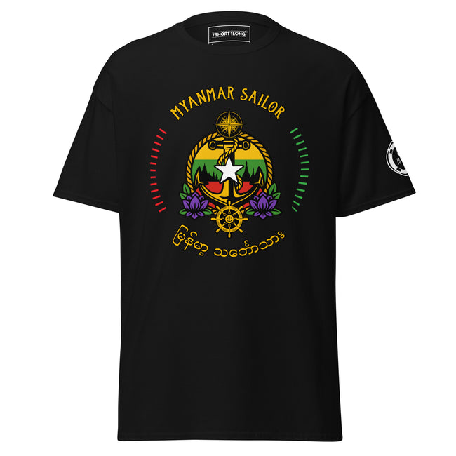 Maritime design featuring anchor and compass elements with Myanmar symbolism and the text Myanmar Sailor, representing professional seafarer identity and crew pride. Hover Image