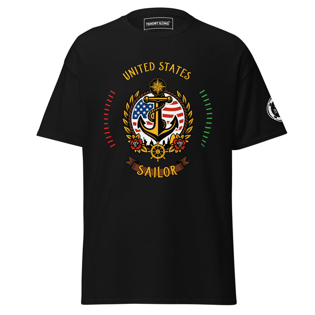Maritime design featuring an anchor and compass with United States colors and the text “United States Sailor,” symbolizing American seafarer pride and crew identity. Hover Image