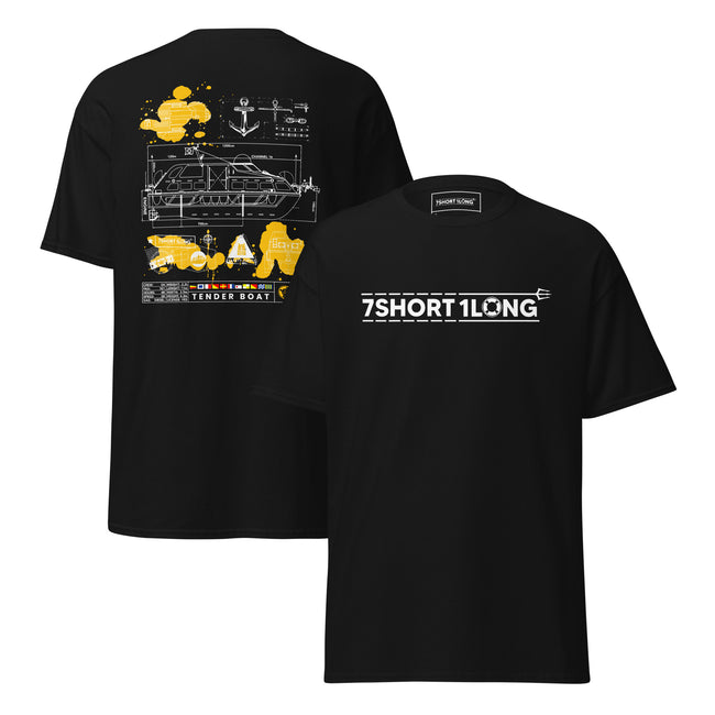 Maritime T-shirt with Tender Boat at Sea design, representing dual-use tender boats for ship-to-shore operations and emergency rescue on cruise ships. Hover Image