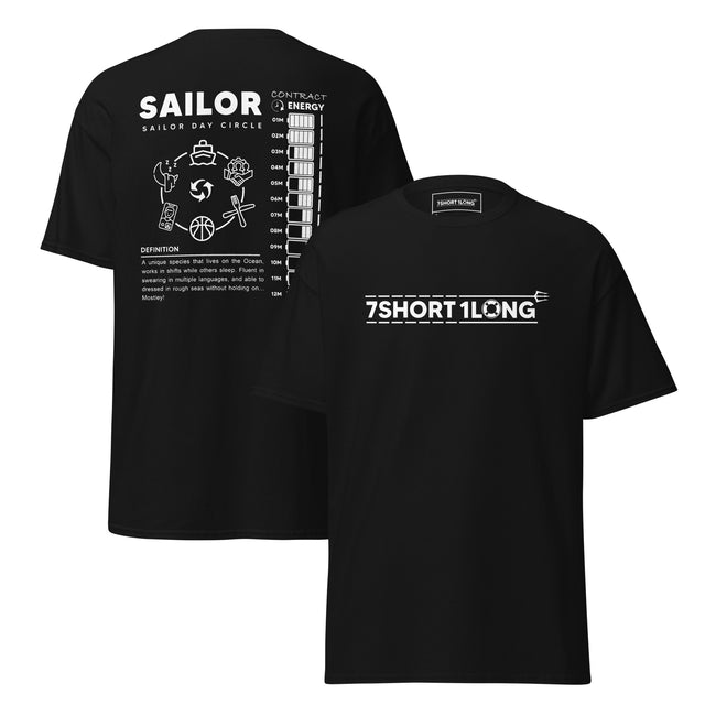 White or colored maritime T-shirt with Sailor Day Circle crew design on back and 7SHORT1LONG logo on front, illustrating daily routines, long contracts at sea, and seafarer life with limited connectivity. Hover Image