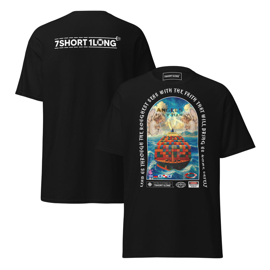 Crew T-shirt with “Angel Watch” container ship design inspired by Christian seafaring tradition, protection at sea, and vigilance during long container ship voyages.