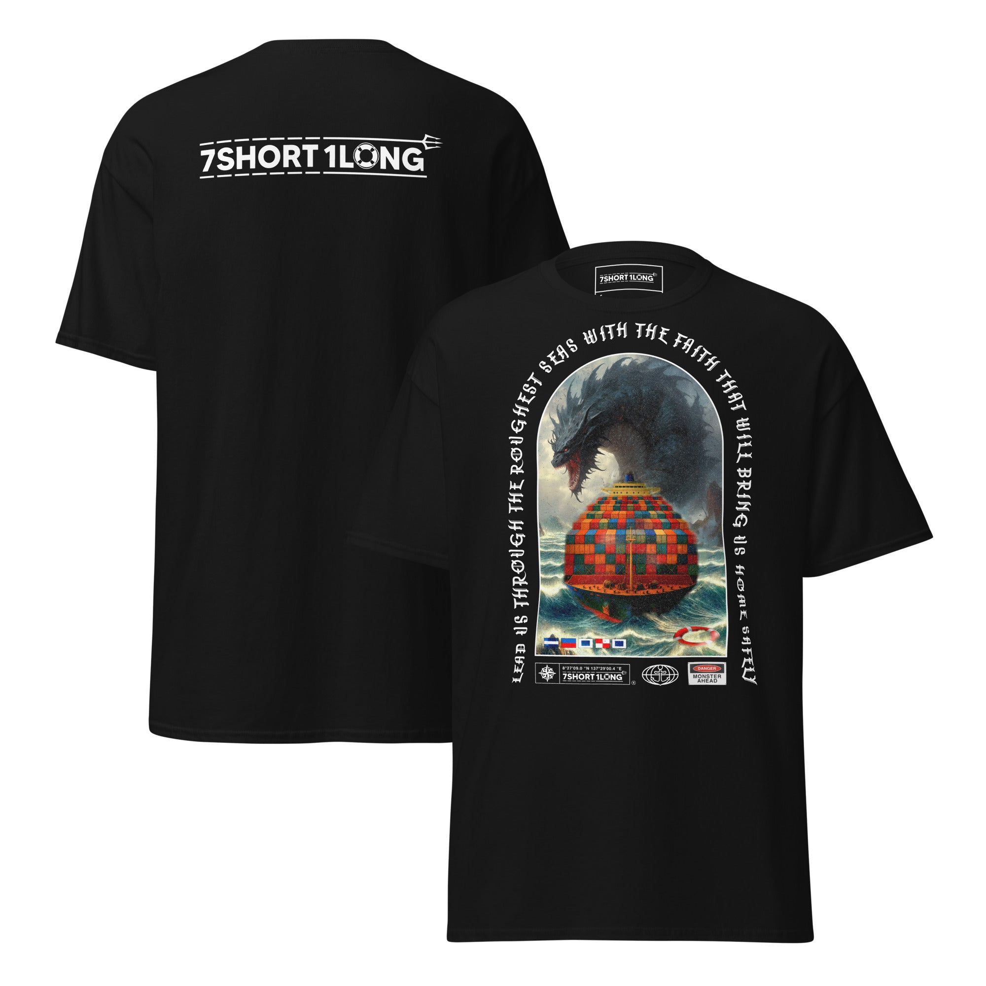 T-shirt design showing a mythical sea monster attacking a container ship, inspired by maritime legends, ocean myths, and classic seafaring folklore. Main image