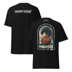 T-shirt design showing a mythical sea monster attacking a container ship, inspired by maritime legends, ocean myths, and classic seafaring folklore.