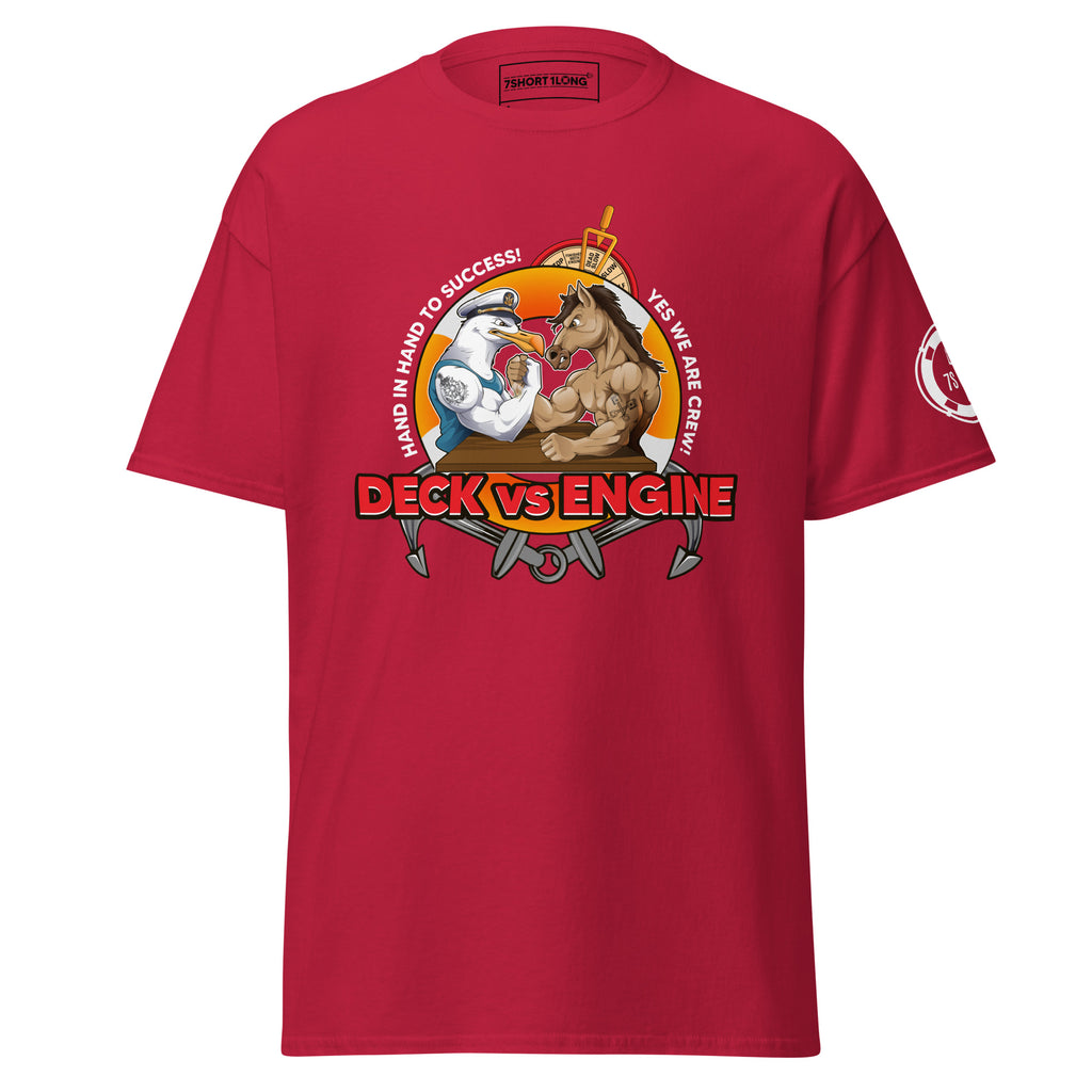 Maritime T-shirt with “Deck Vs Engine” design, symbolizing rivalry and cooperation between deck and engine departments on a ship.