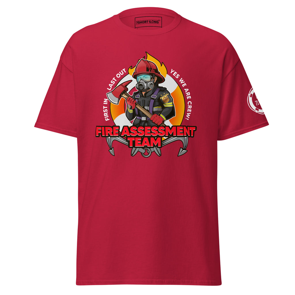 Maritime T-shirt with Fire Assessment Team design, representing onboard emergency response and ship fire brigade entering fire zones during emergencies.