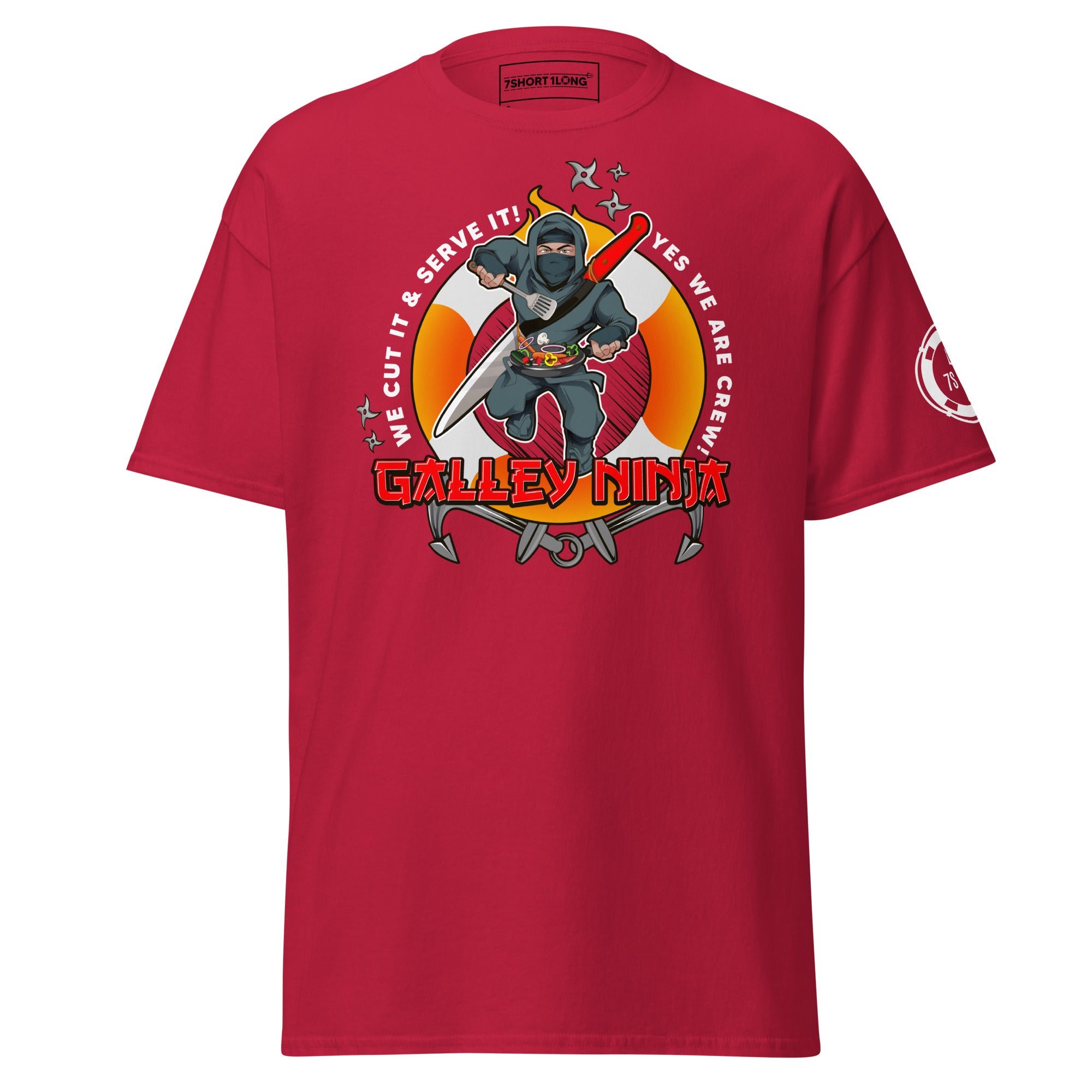 Maritime T-shirt with Galley Department “Galley Ninja” design, representing ship cooks and galley crew preparing meals to support crew morale on board.