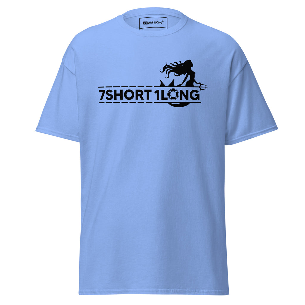 Maritime T-shirt with mermaid design inspired by seafarers’ folklore, detailed nautical artwork reflecting classic sea mythology.