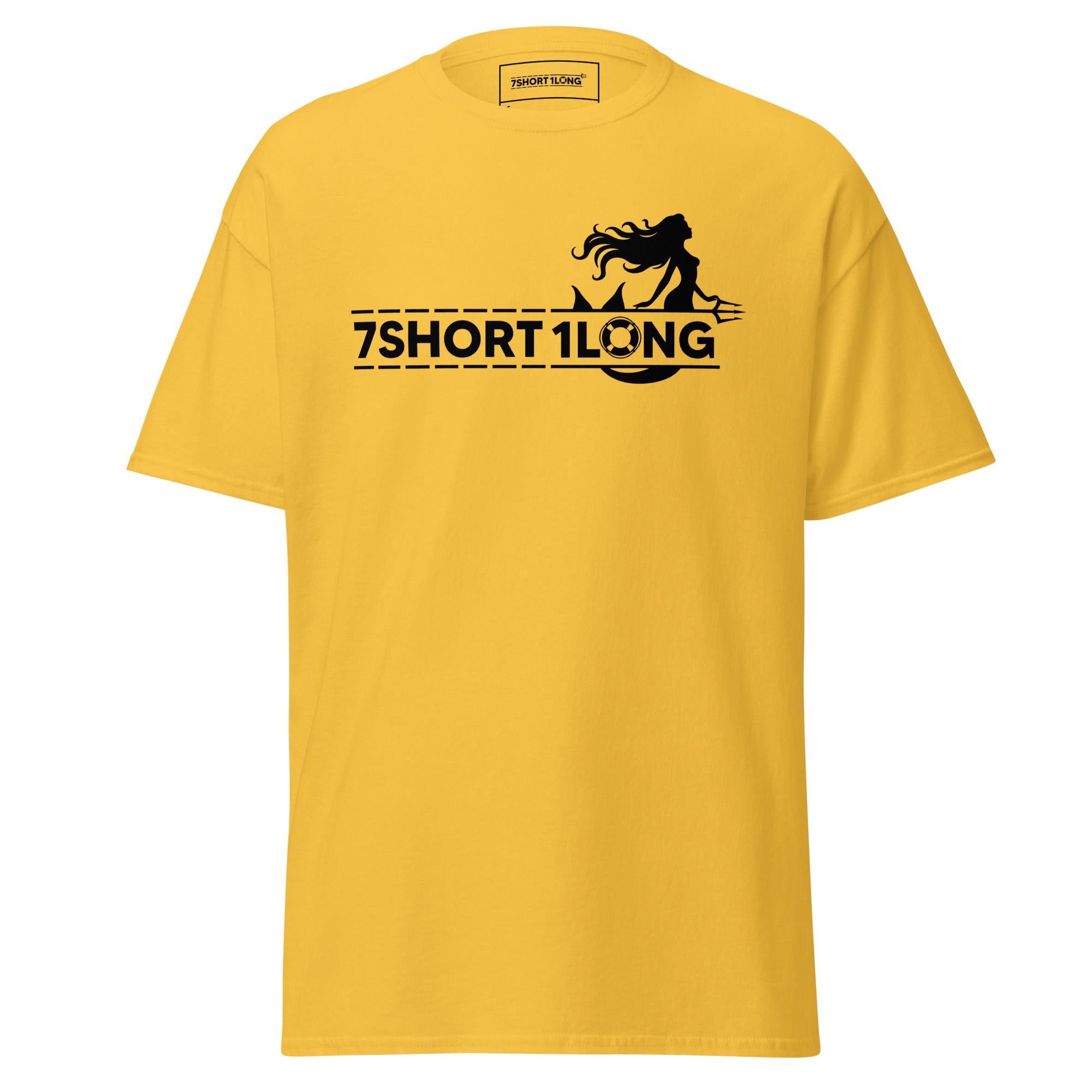 Maritime T-shirt with mermaid design inspired by seafarers’ folklore, detailed nautical artwork reflecting classic sea mythology.