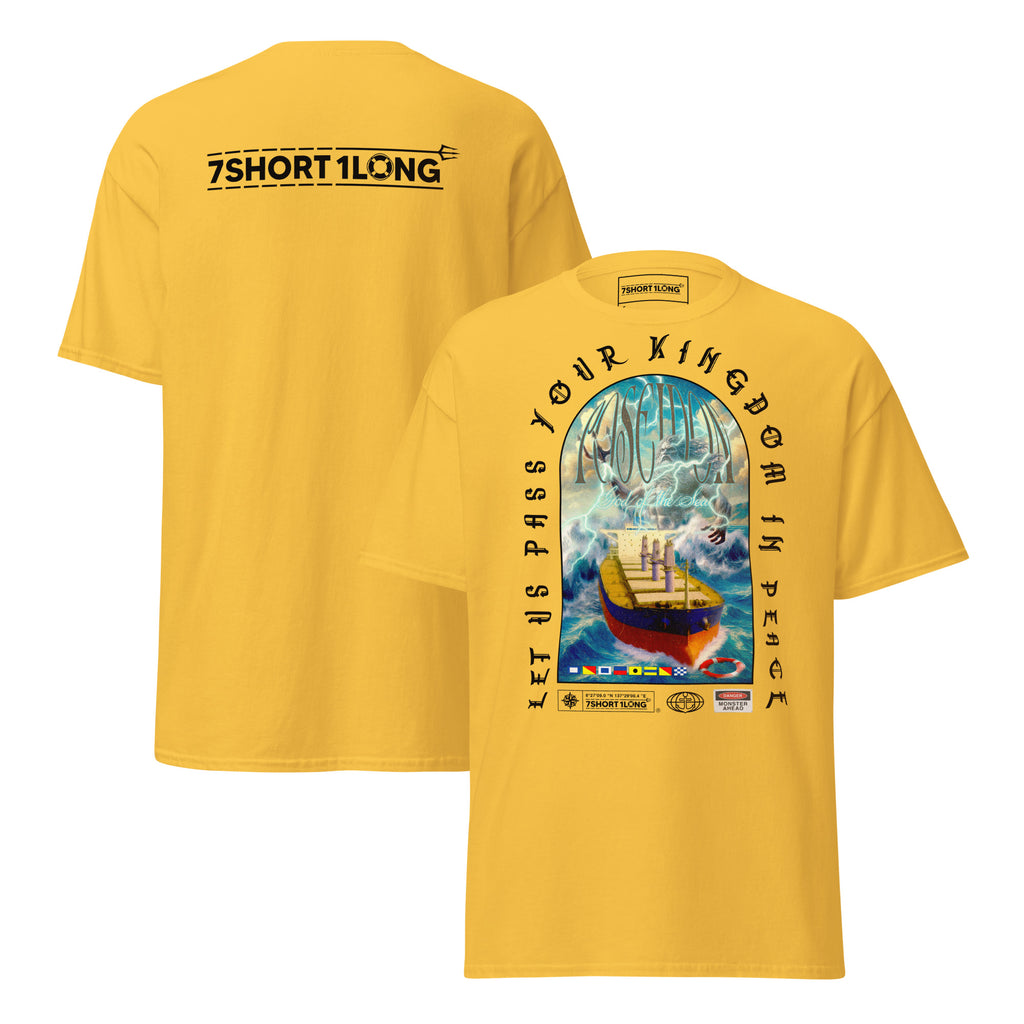 T-shirt design showing the Greek sea god Poseidon judging a bulk carrier ship at sea, inspired by maritime mythology and ancient ocean legends.