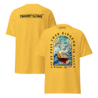 T-shirt design showing the Greek sea god Poseidon judging a bulk carrier ship at sea, inspired by maritime mythology and ancient ocean legends.