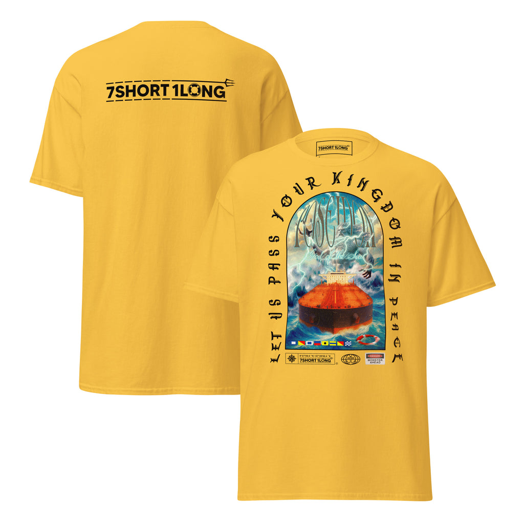 T-shirt design showing the Greek sea god Poseidon judging a tanker ship at sea, inspired by maritime mythology and ancient ocean legends.