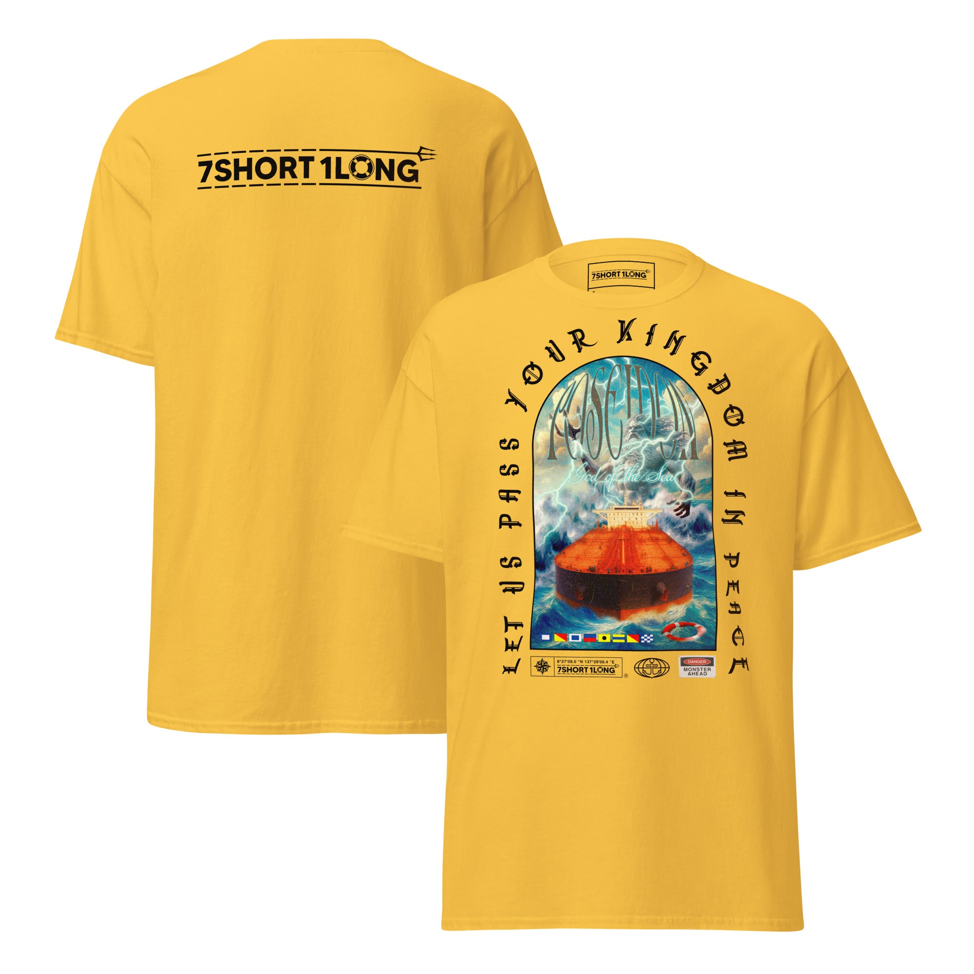 T-shirt design showing the Greek sea god Poseidon judging a tanker ship at sea, inspired by maritime mythology and ancient ocean legends.