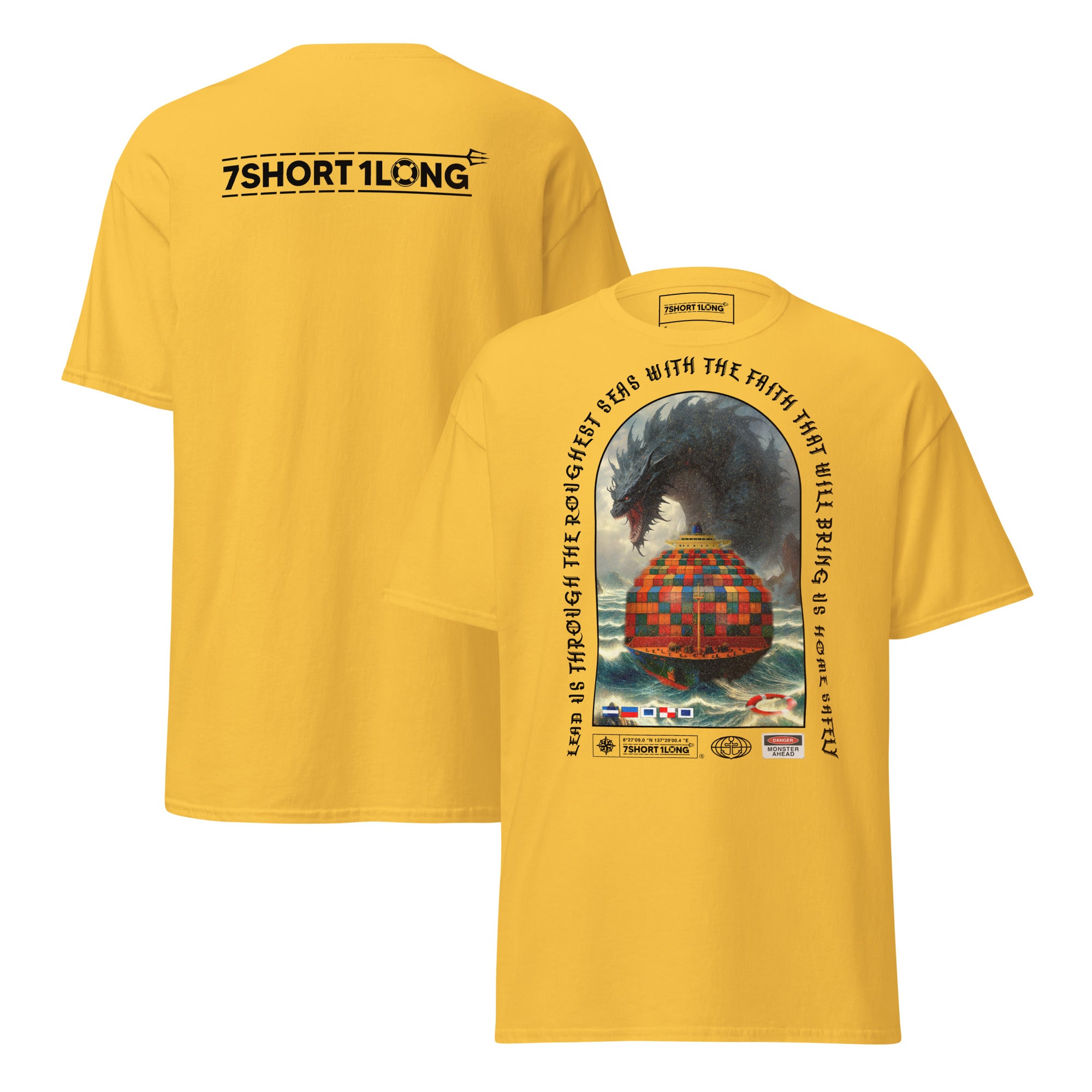 T-shirt design showing a mythical sea monster attacking a container ship, inspired by maritime legends, ocean myths, and classic seafaring folklore.