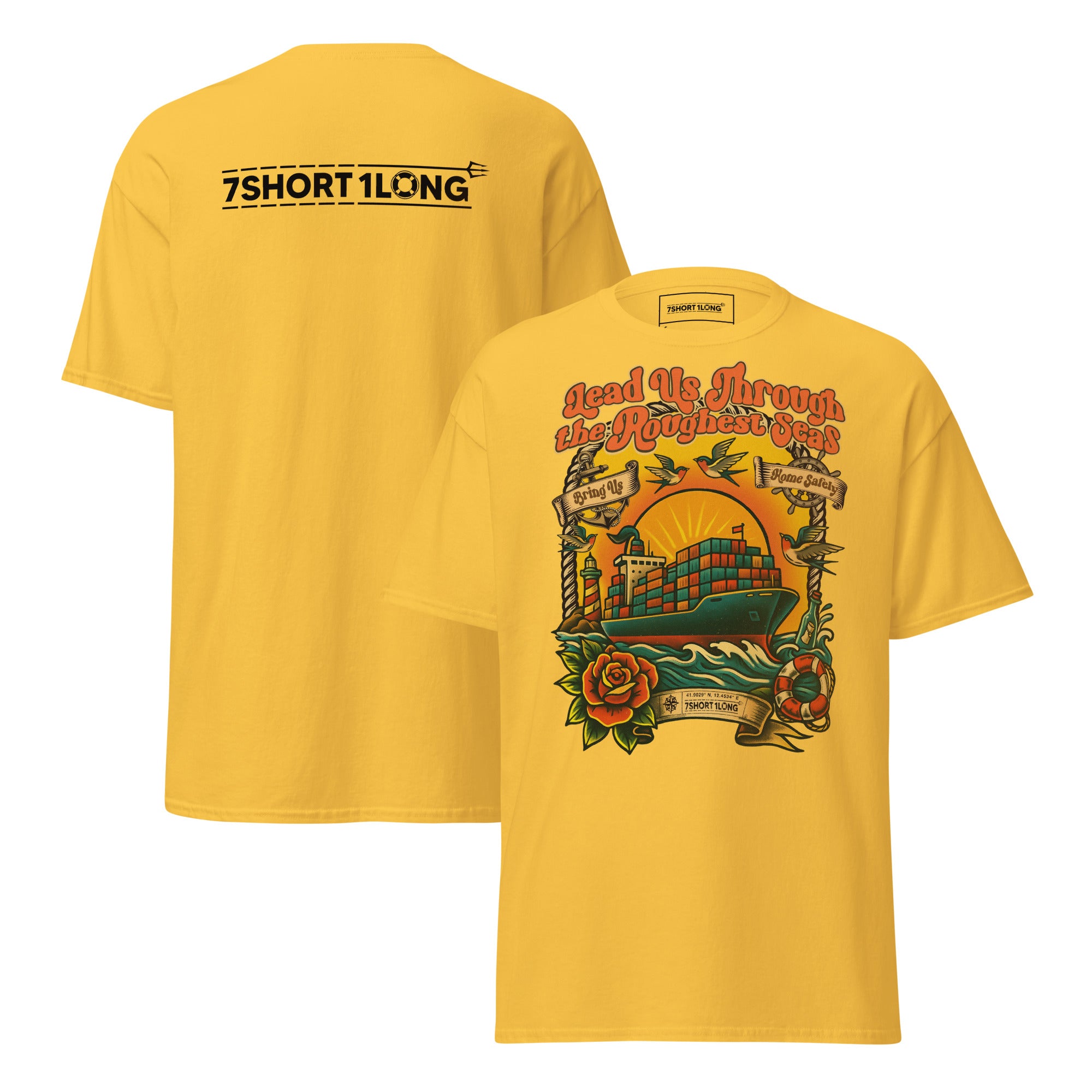 Tattoo-style maritime T-shirt inspired by container ship crew life and classic seafarer tattoo art, dedicated to the legacy of Sailor Jerry and traditional maritime symbolism.