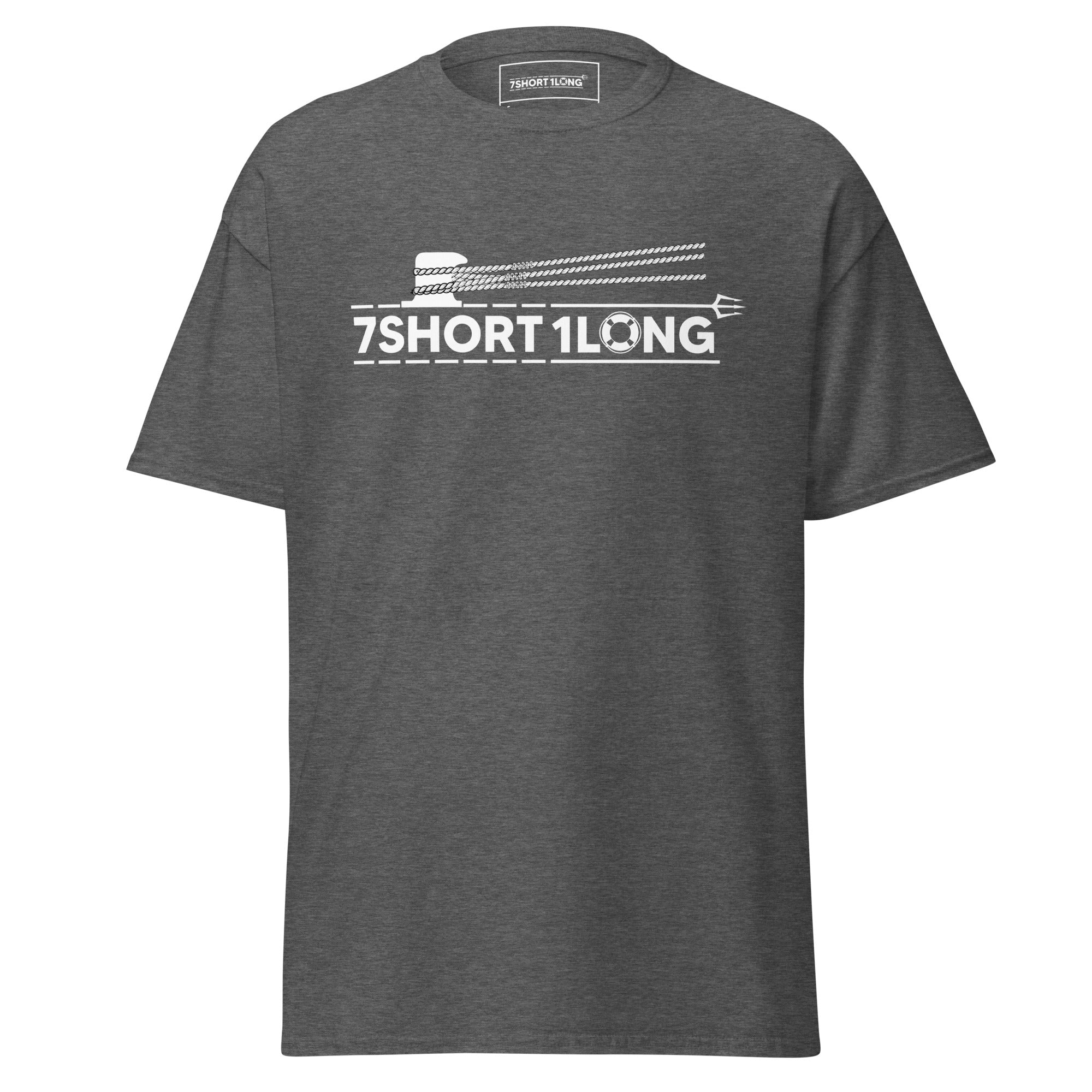 Maritime T-shirt with “7Shot1Long” mooring operation design, inspired by deck work commands “All Lines Ashore” and “All Lines Off,” representing teamwork, precision, and seamanship at sea.