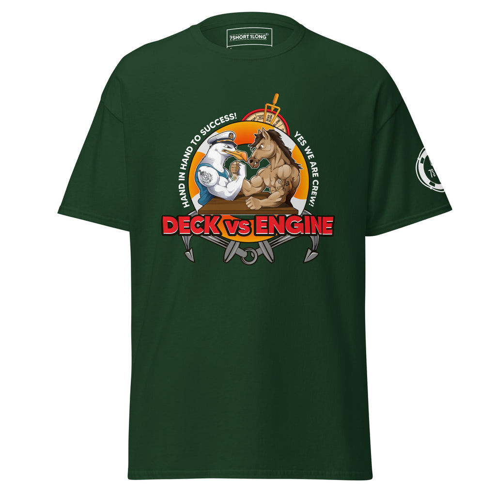 Maritime T-shirt with “Deck Vs Engine” design, symbolizing rivalry and cooperation between deck and engine departments on a ship.