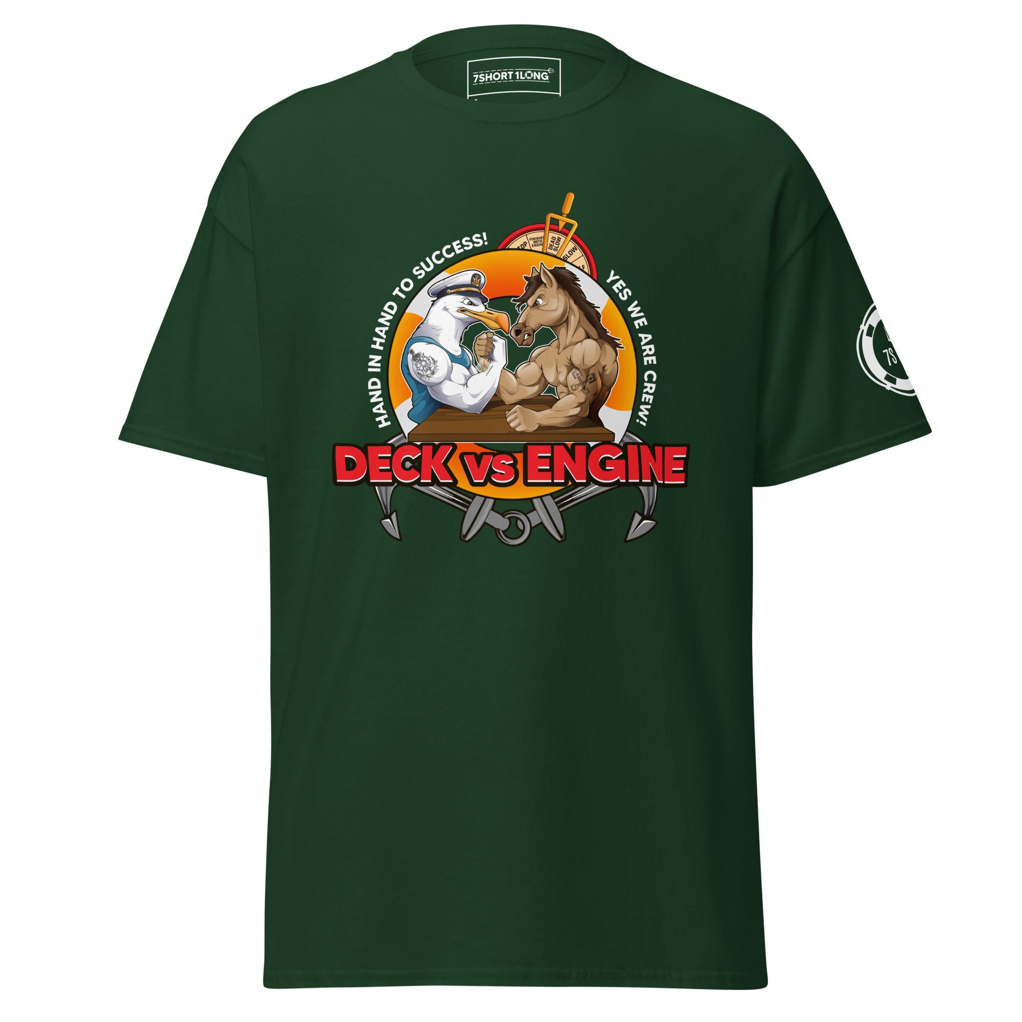 Maritime T-shirt with “Deck Vs Engine” design, symbolizing rivalry and cooperation between deck and engine departments on a ship.