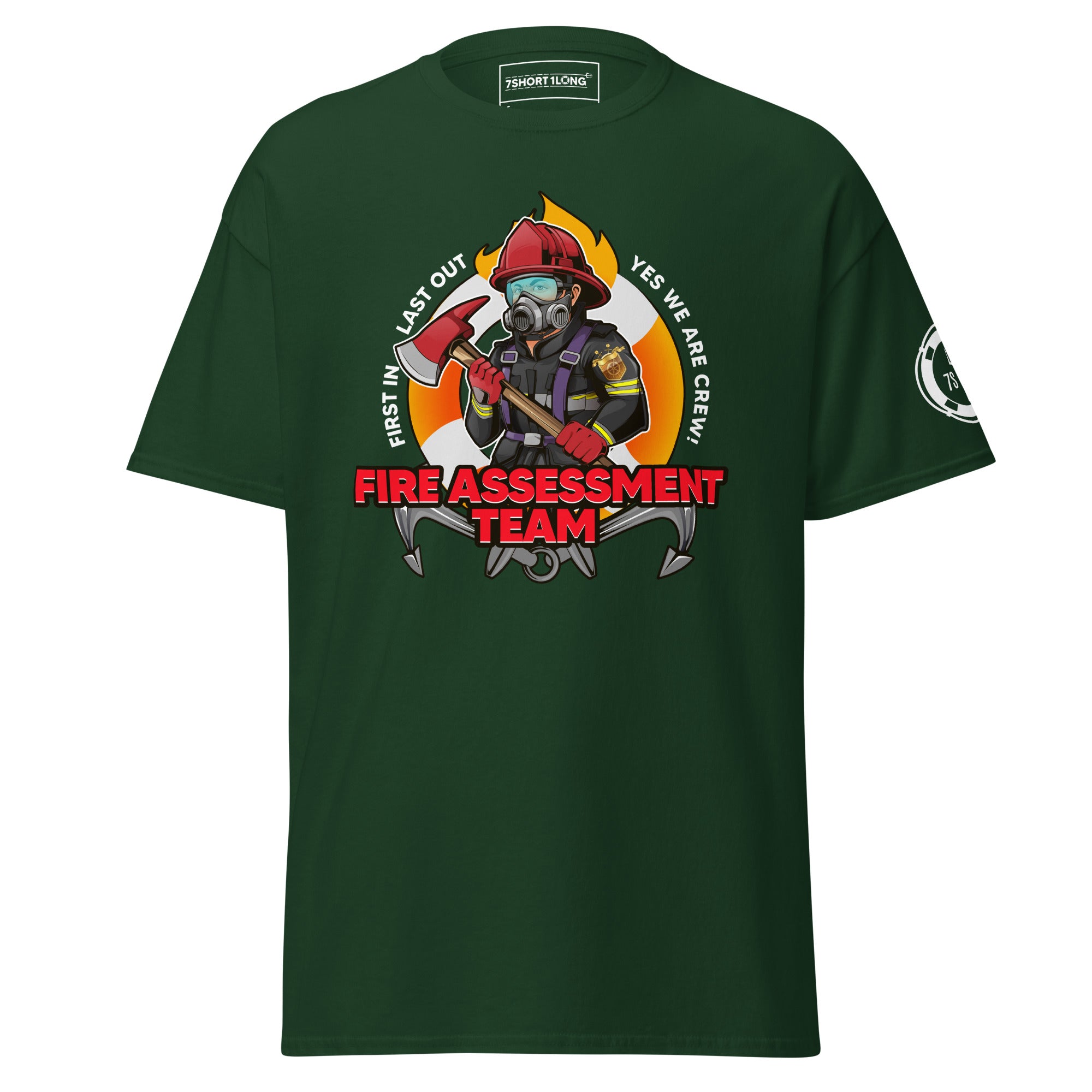 Maritime T-shirt with Fire Assessment Team design, representing onboard emergency response and ship fire brigade entering fire zones during emergencies.