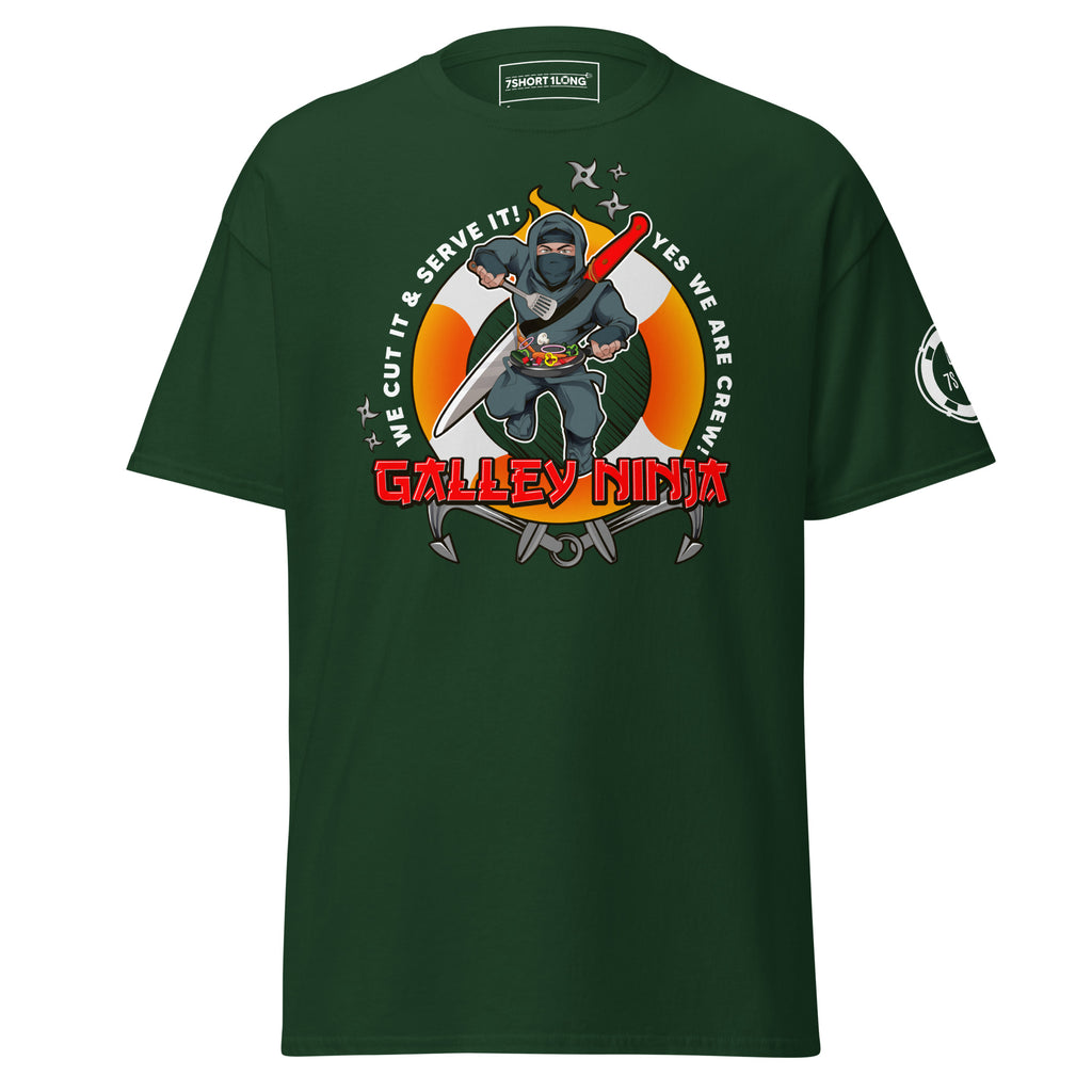 Maritime T-shirt with Galley Department “Galley Ninja” design, representing ship cooks and galley crew preparing meals to support crew morale on board.