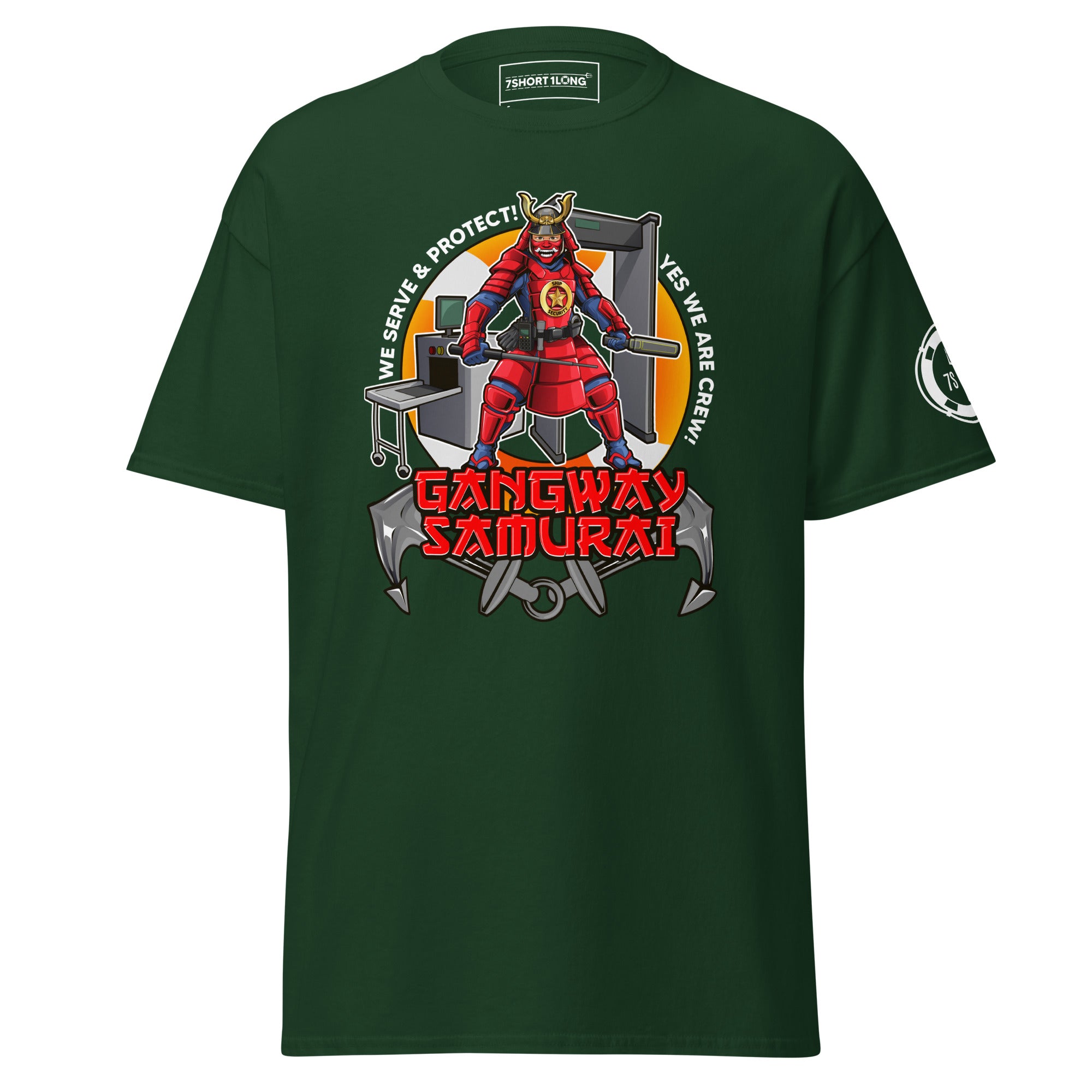 Maritime T-shirt with Ship Security design, representing cruise ship security roles including SSO, deputy security officer, security officers, and guards.