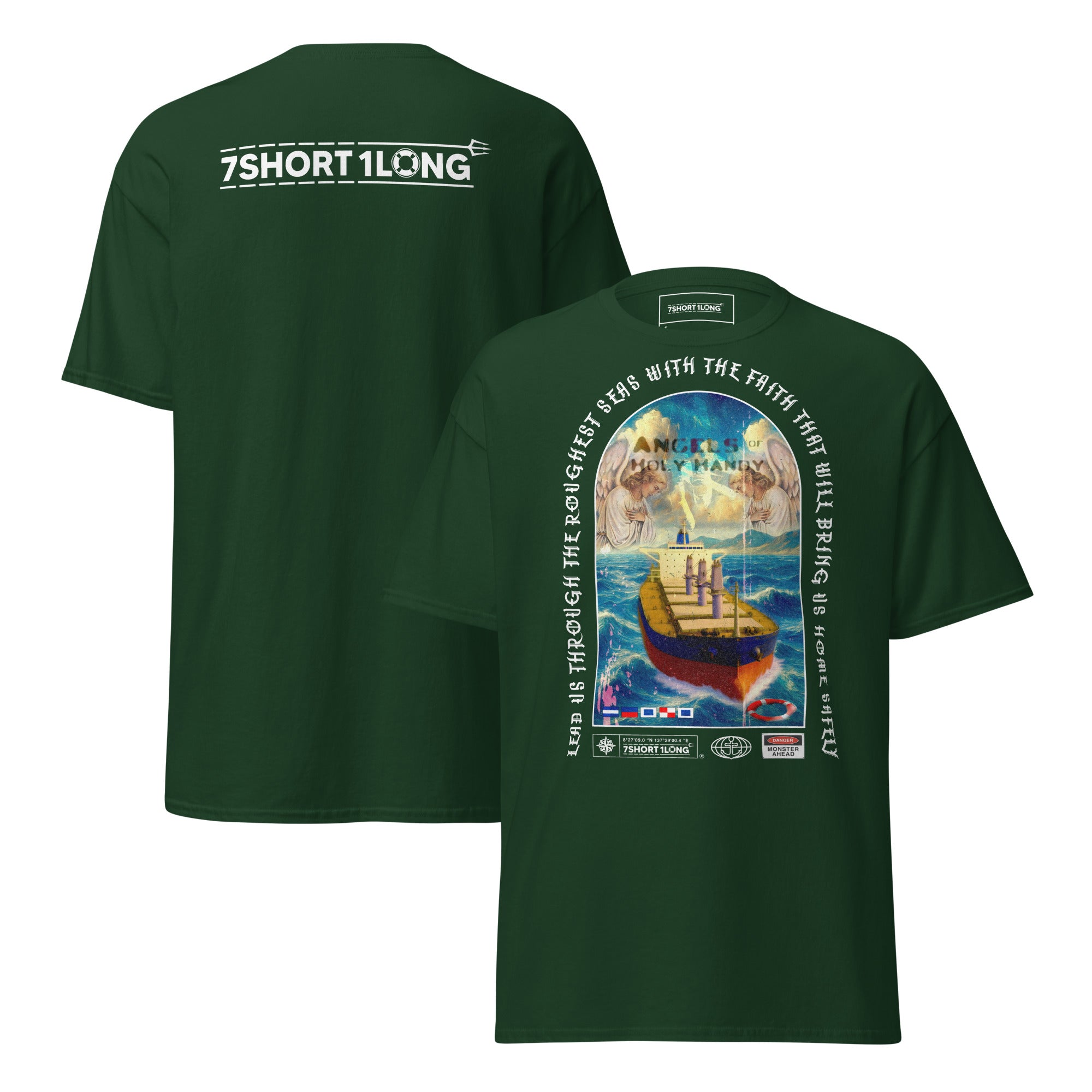 Crew T-shirt with “Angel Watch” bulk carrier design inspired by Christian seafaring tradition, protection at sea, heavy cargo operations, and vigilance during long voyages.