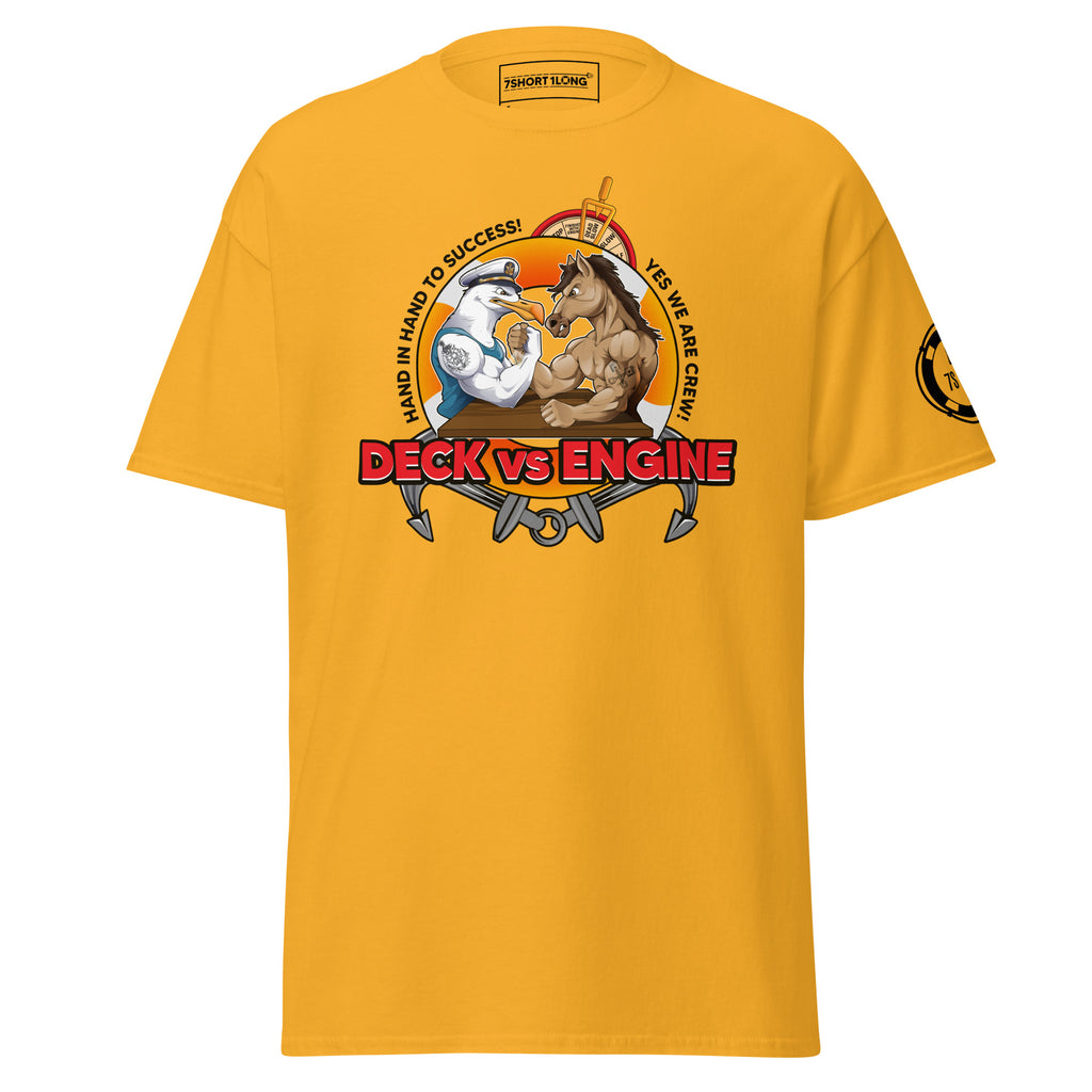 Maritime T-shirt with “Deck Vs Engine” design, symbolizing rivalry and cooperation between deck and engine departments on a ship.