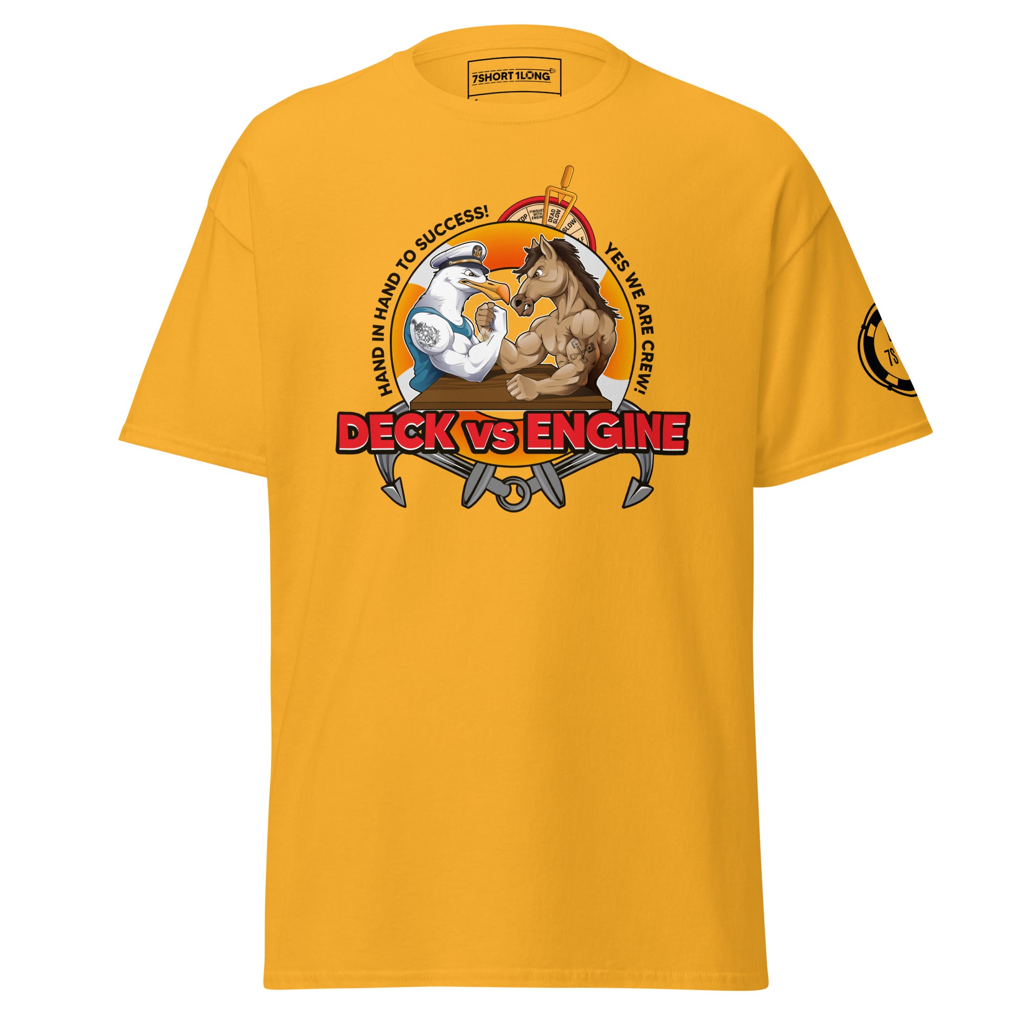 Maritime T-shirt with “Deck Vs Engine” design, symbolizing rivalry and cooperation between deck and engine departments on a ship.