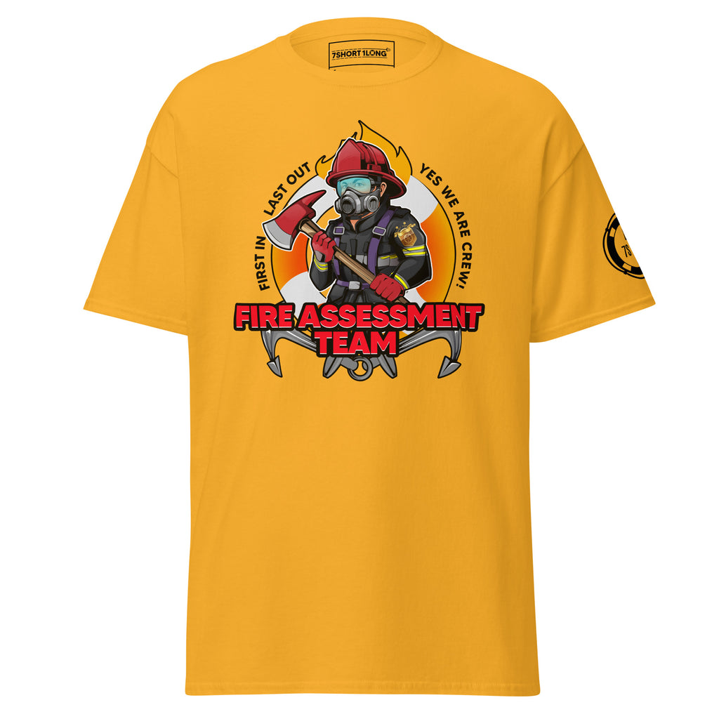 Maritime T-shirt with Fire Assessment Team design, representing onboard emergency response and ship fire brigade entering fire zones during emergencies.