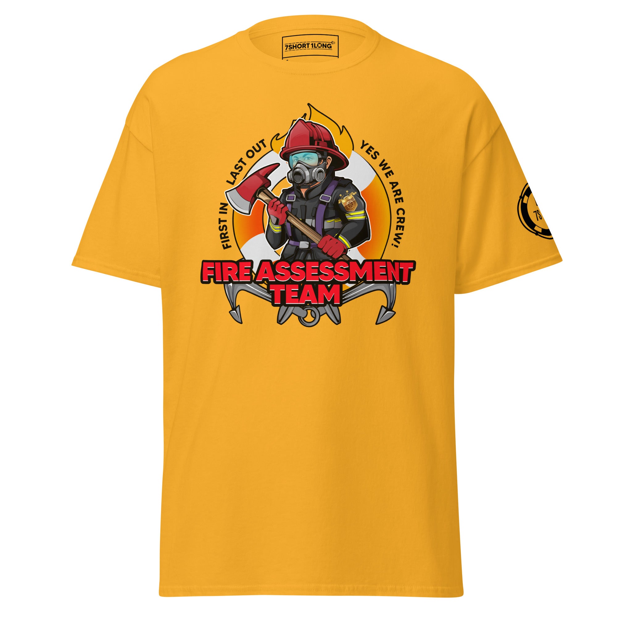 Maritime T-shirt with Fire Assessment Team design, representing onboard emergency response and ship fire brigade entering fire zones during emergencies.
