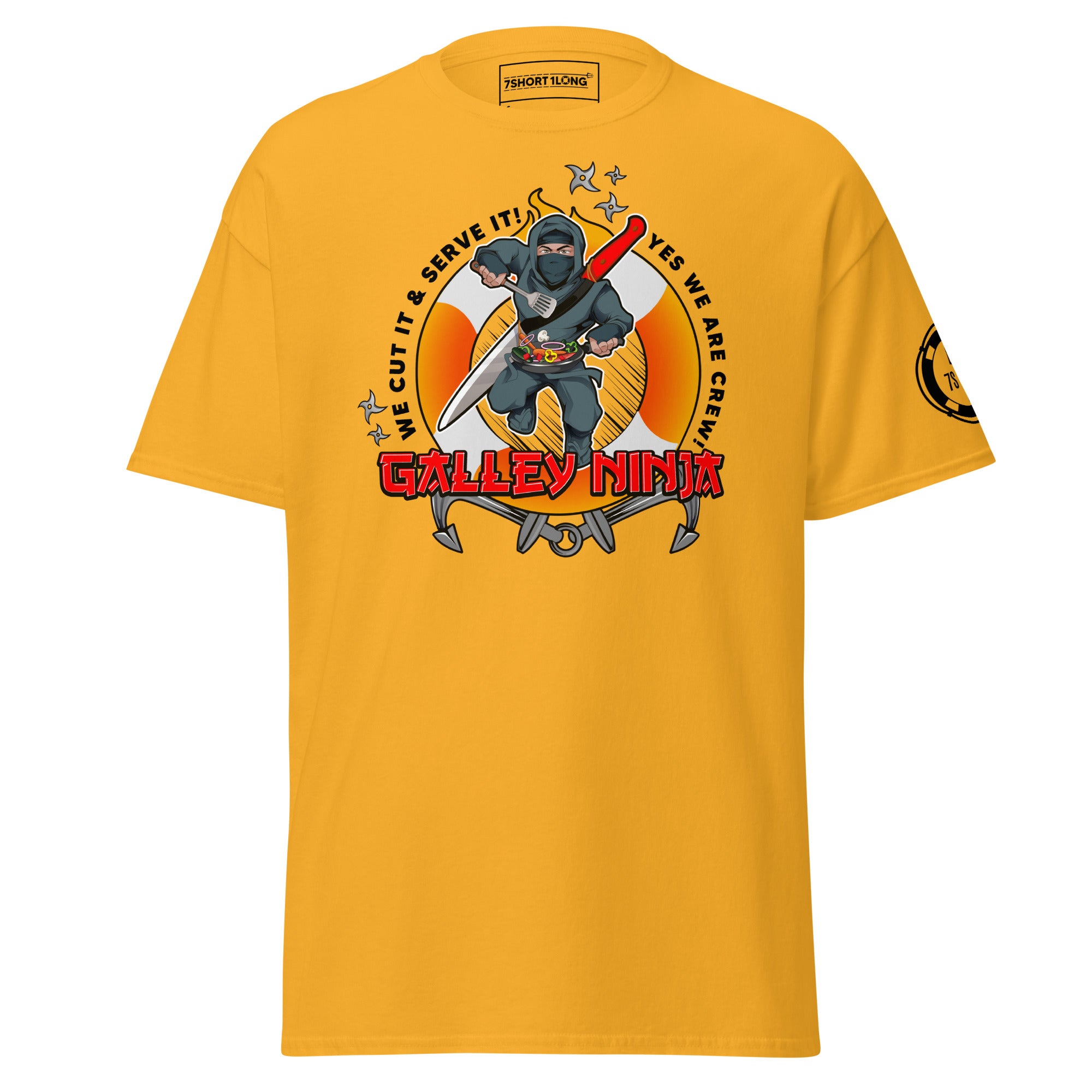 Maritime T-shirt with Galley Department “Galley Ninja” design, representing ship cooks and galley crew preparing meals to support crew morale on board.