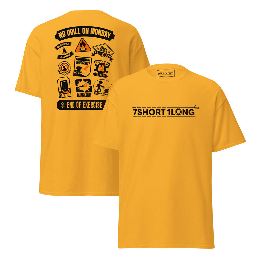 Maritime T-shirt with Ship Safety Drills design, featuring icons for fire, abandon ship, man overboard, blackout, and emergency response drills under SOLAS regulations.