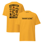 Maritime T-shirt with Ship Safety Drills design, featuring icons for fire, abandon ship, man overboard, blackout, and emergency response drills under SOLAS regulations.