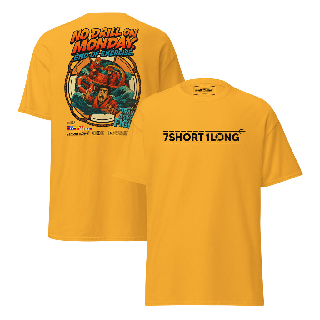 Maritime T-shirt with “Man Overboard Drill” design, inspired by SOLAS emergency procedures and crew rescue training at sea.