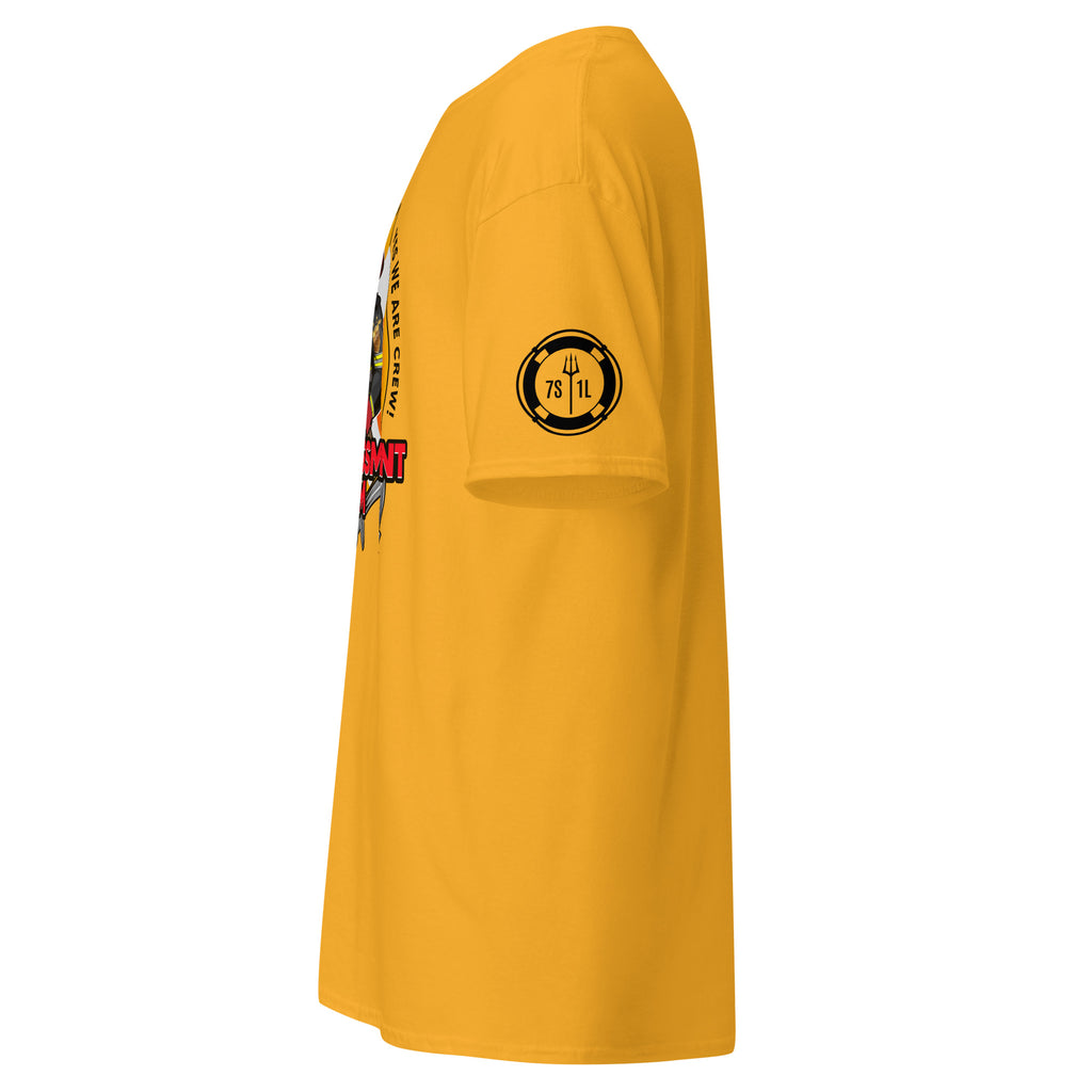 Maritime T-shirt with Fire Assessment Team design, representing onboard emergency response and ship fire brigade entering fire zones during emergencies.