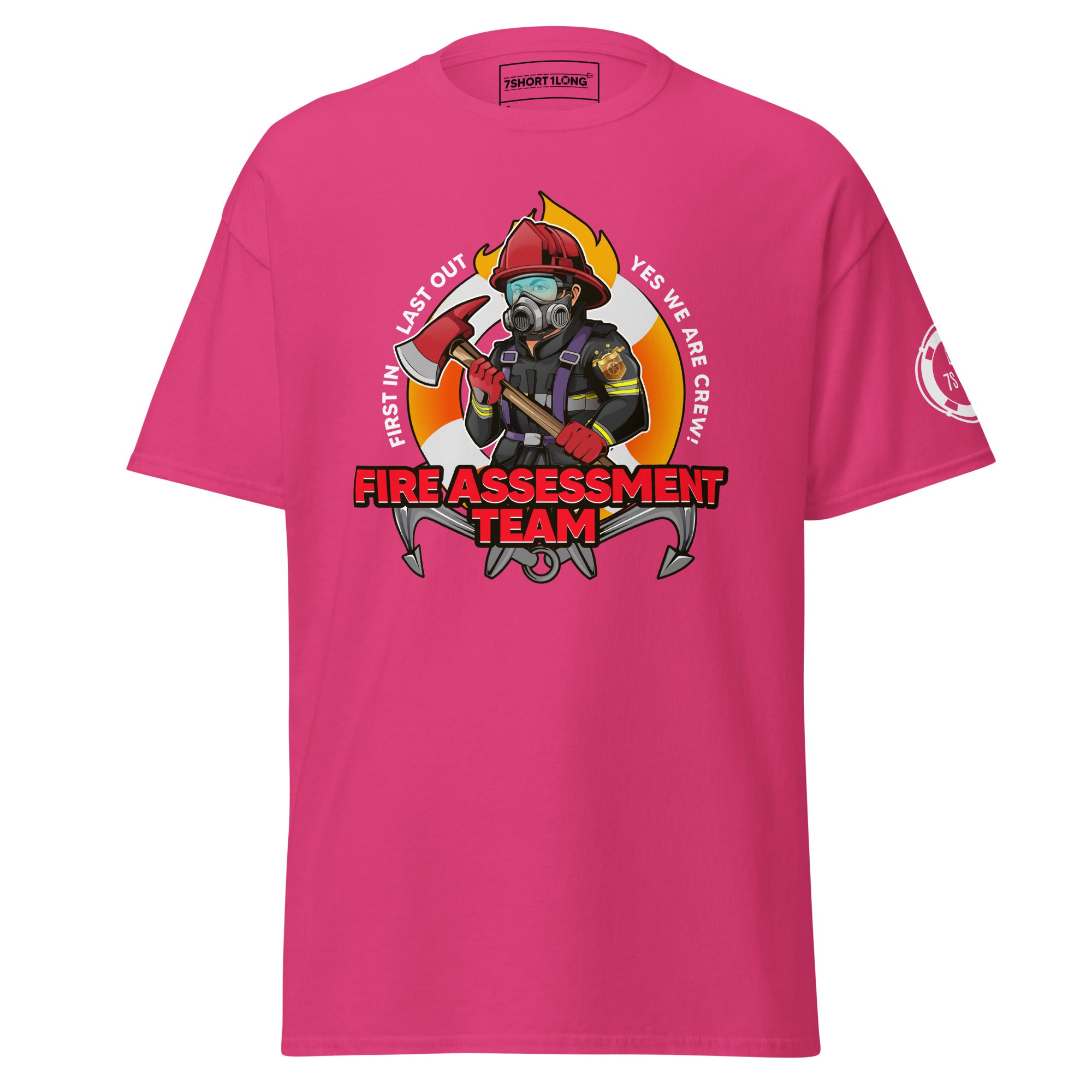Maritime T-shirt with Fire Assessment Team design, representing onboard emergency response and ship fire brigade entering fire zones during emergencies.