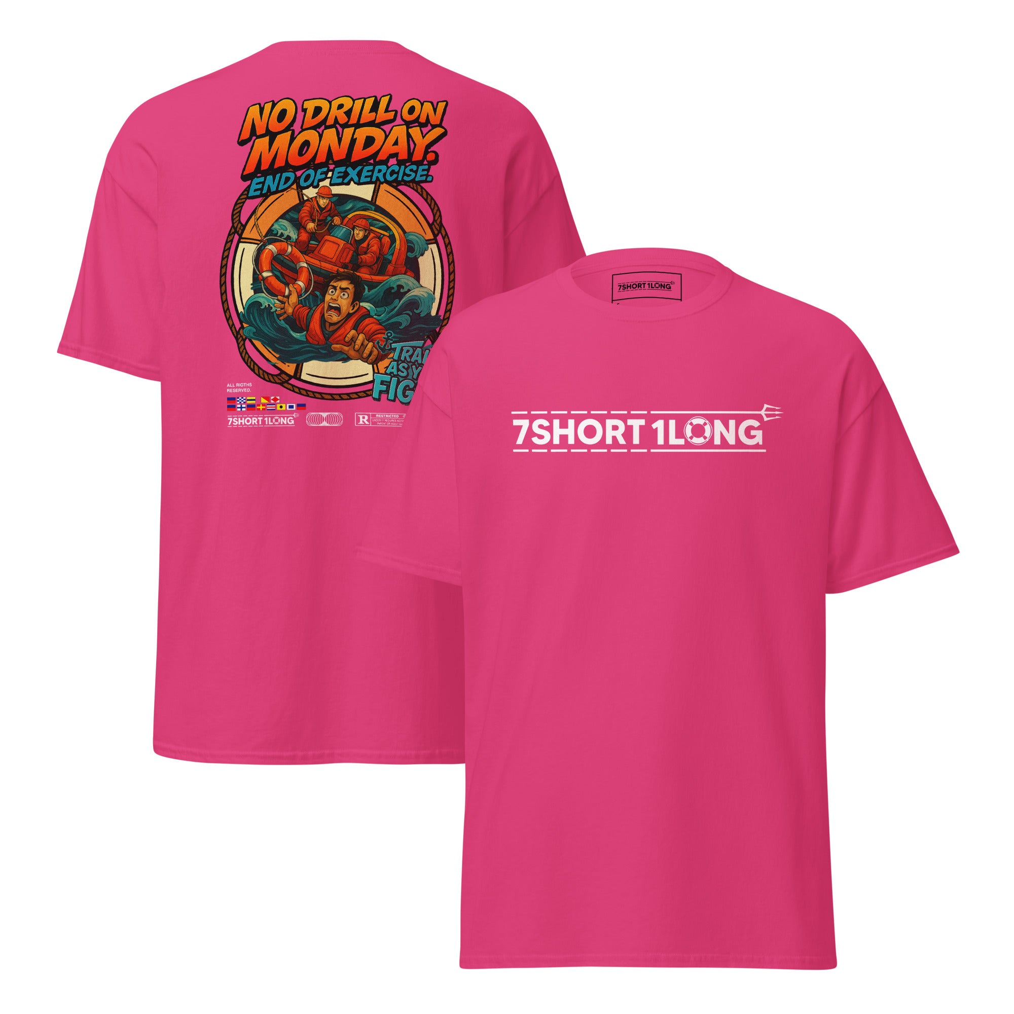 Maritime T-shirt with “Person Overboard Drill” design, inspired by SOLAS-compliant MOB drills, crew coordination, and emergency response at sea.