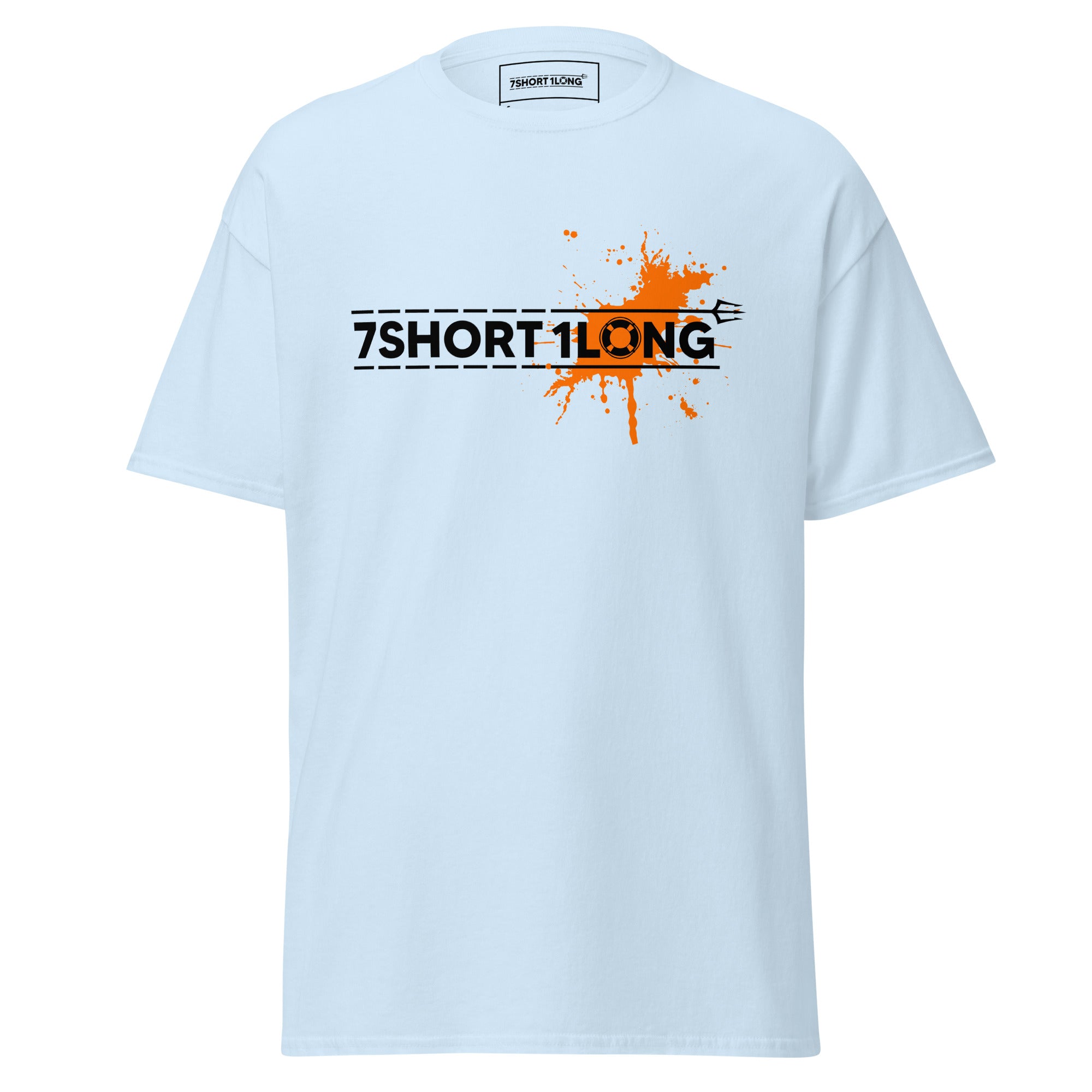 maritime T-shirt with 7-Shot-One-Long logo print and orange solor spot inspired by nautical alarm signals and seafarer culture.