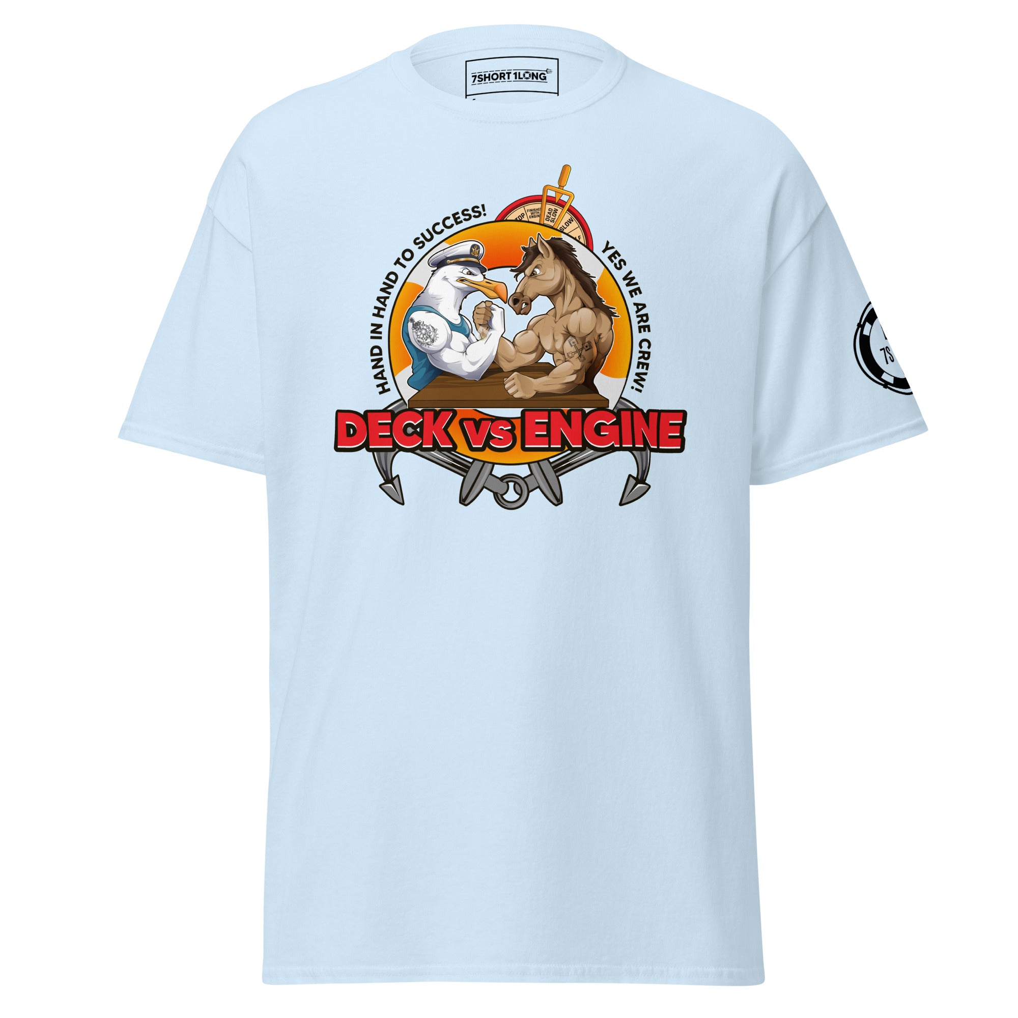 Maritime T-shirt with “Deck Vs Engine” design, symbolizing rivalry and cooperation between deck and engine departments on a ship.