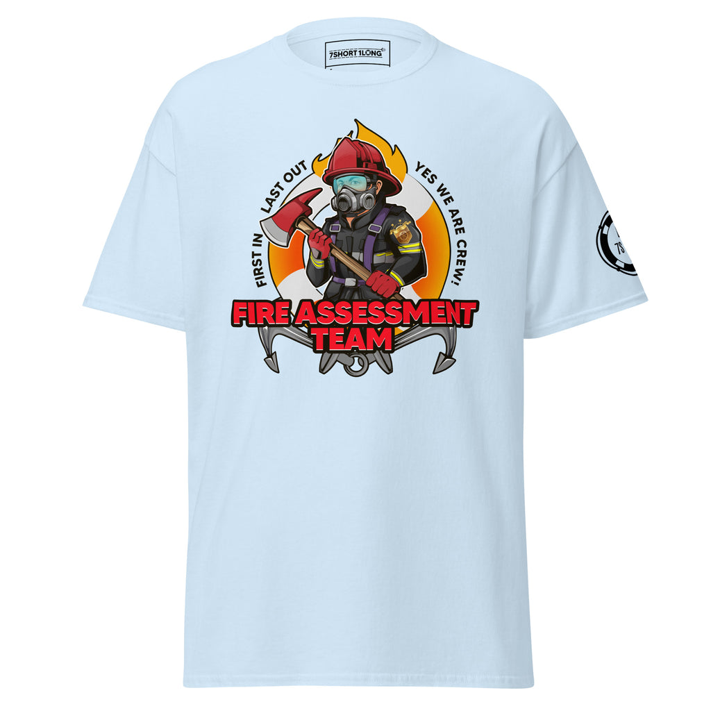 Maritime T-shirt with Fire Assessment Team design, representing onboard emergency response and ship fire brigade entering fire zones during emergencies.