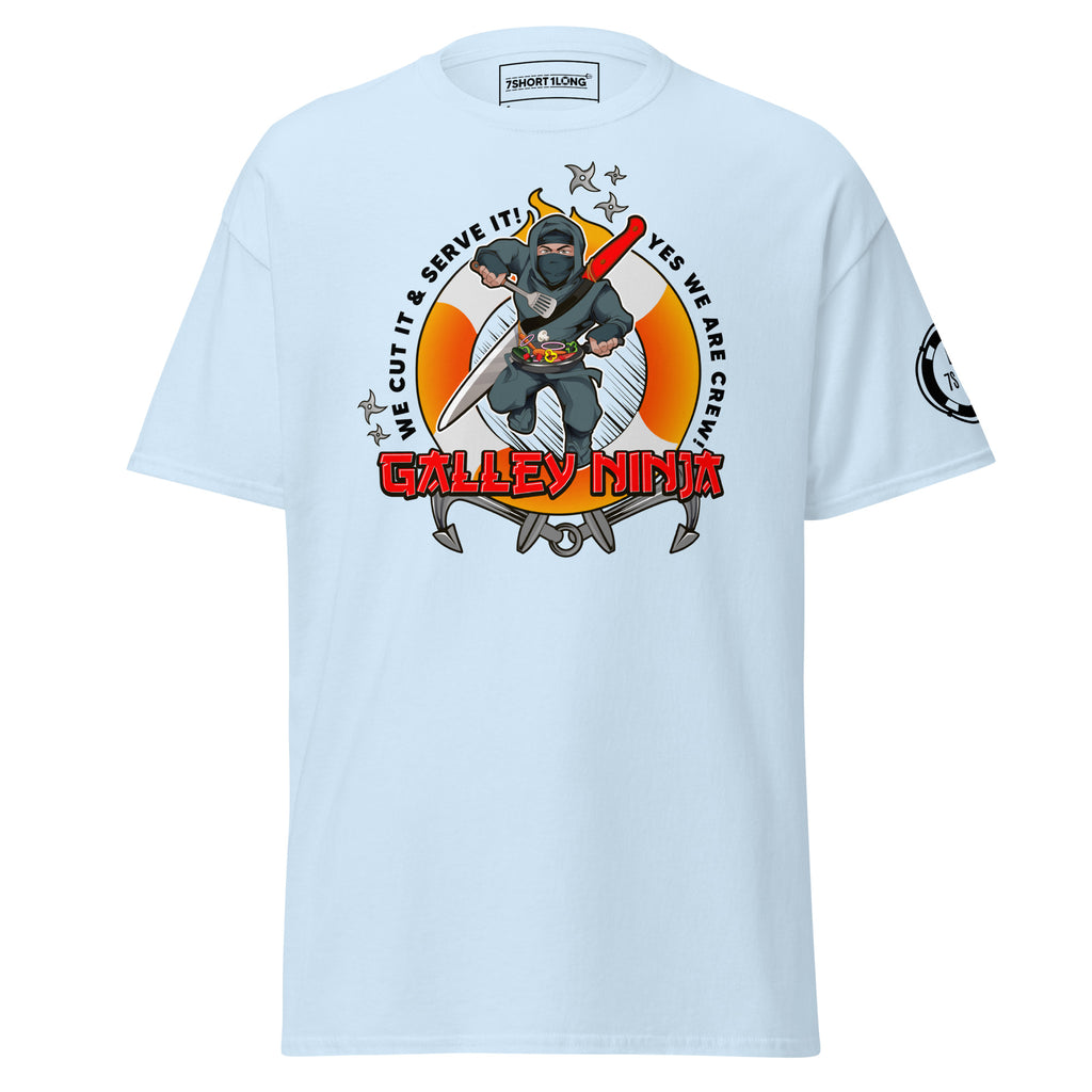 Maritime T-shirt with Galley Department “Galley Ninja” design, representing ship cooks and galley crew preparing meals to support crew morale on board.