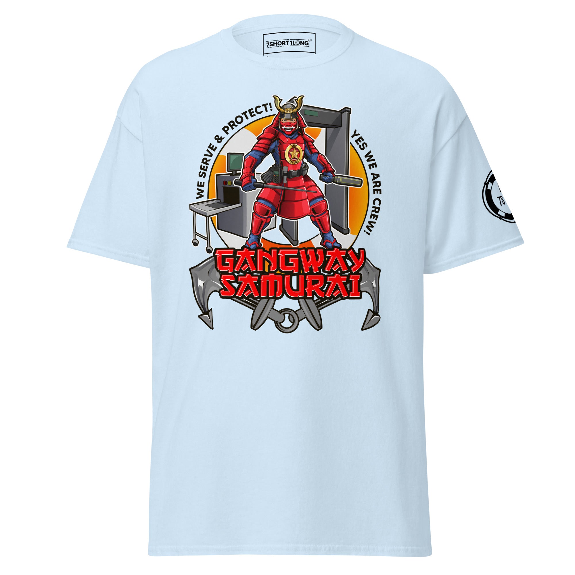 Maritime T-shirt with ShipSecurity design, representing security roleson onboard a ship including SSO, deputy security officer, security, and guards.