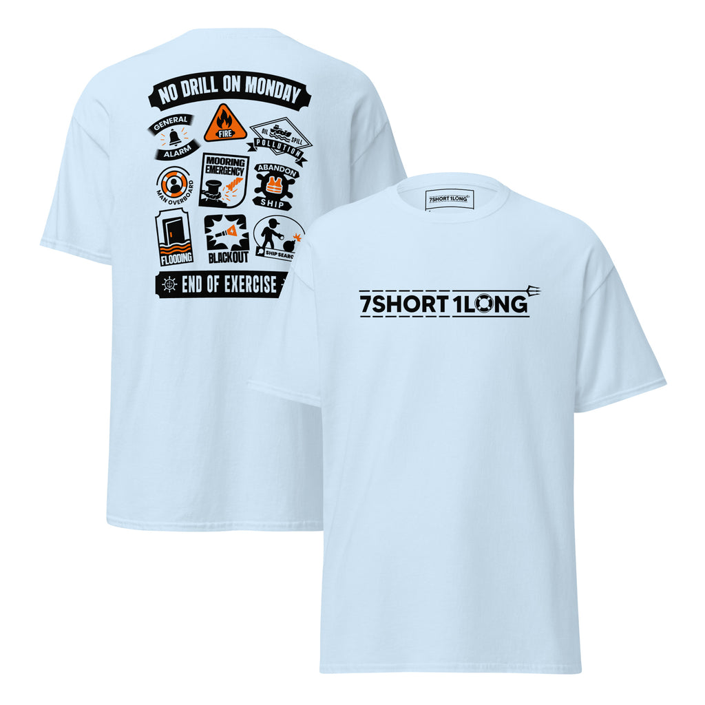 Maritime T-shirt with Ship Safety Drills design, featuring icons for fire, abandon ship, man overboard, blackout, and emergency response drills under SOLAS regulations.