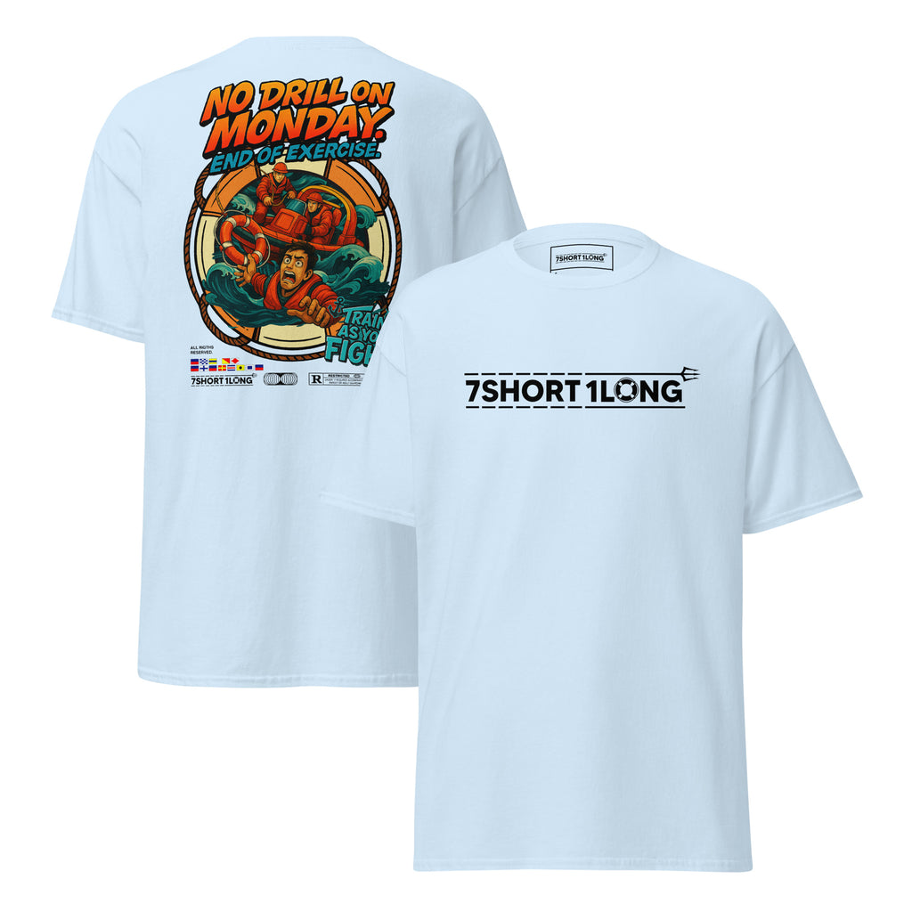 Maritime T-shirt with “Man Overboard Drill” design, inspired by SOLAS emergency procedures and crew rescue training at sea.