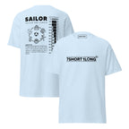 White or colored maritime T-shirt with Sailor Day Circle crew design on back and 7SHORT1LONG logo on front, illustrating daily routines, long contracts at sea, and seafarer life with limited connectivity.