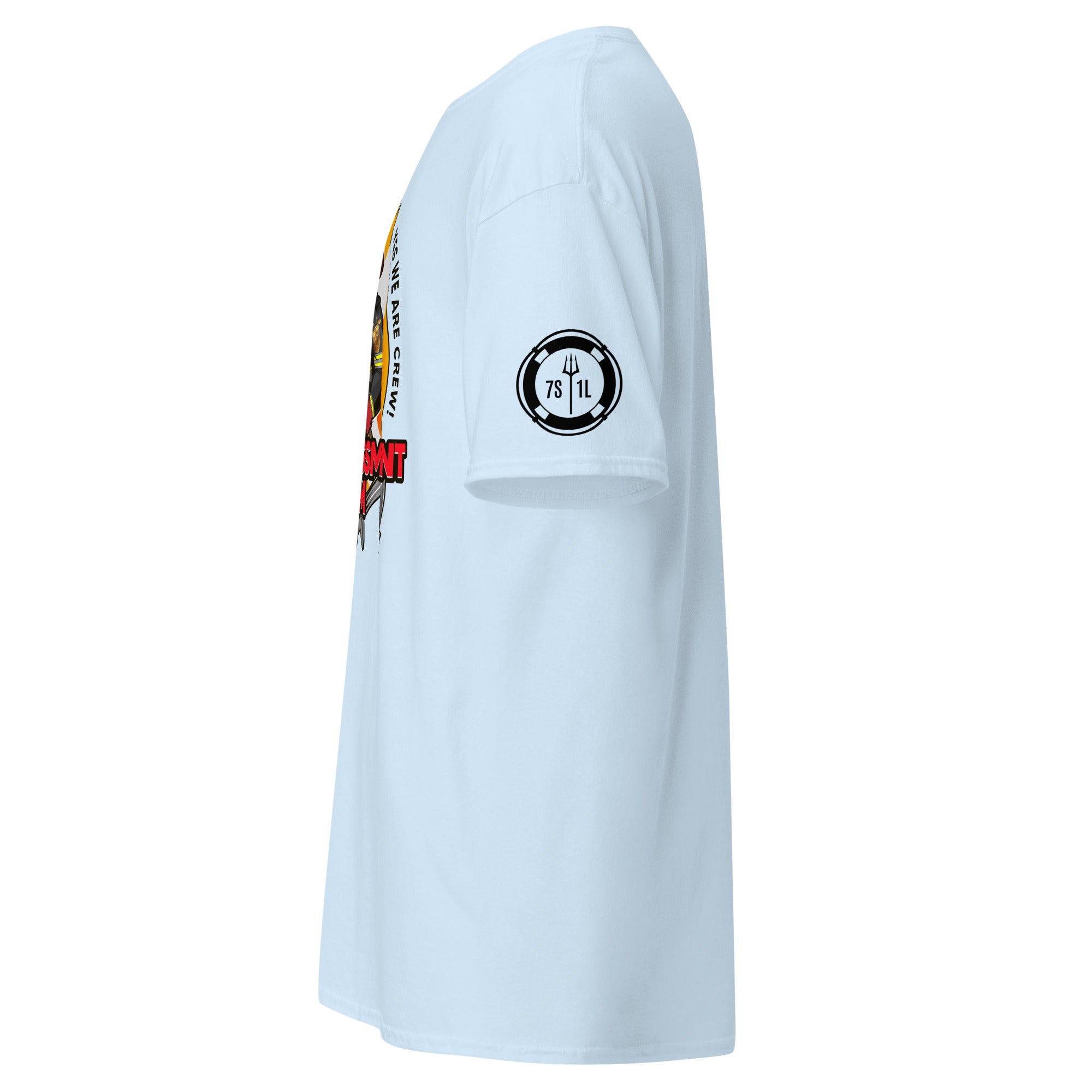 Maritime T-shirt with Fire Assessment Team design, representing onboard emergency response and ship fire brigade entering fire zones during emergencies.