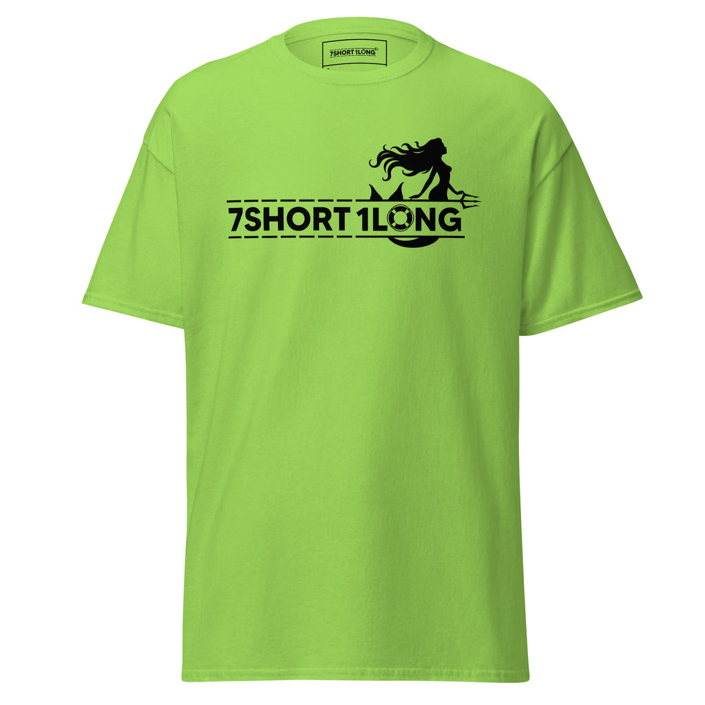 Maritime T-shirt with mermaid design inspired by seafarers’ folklore, detailed nautical artwork reflecting classic sea mythology.