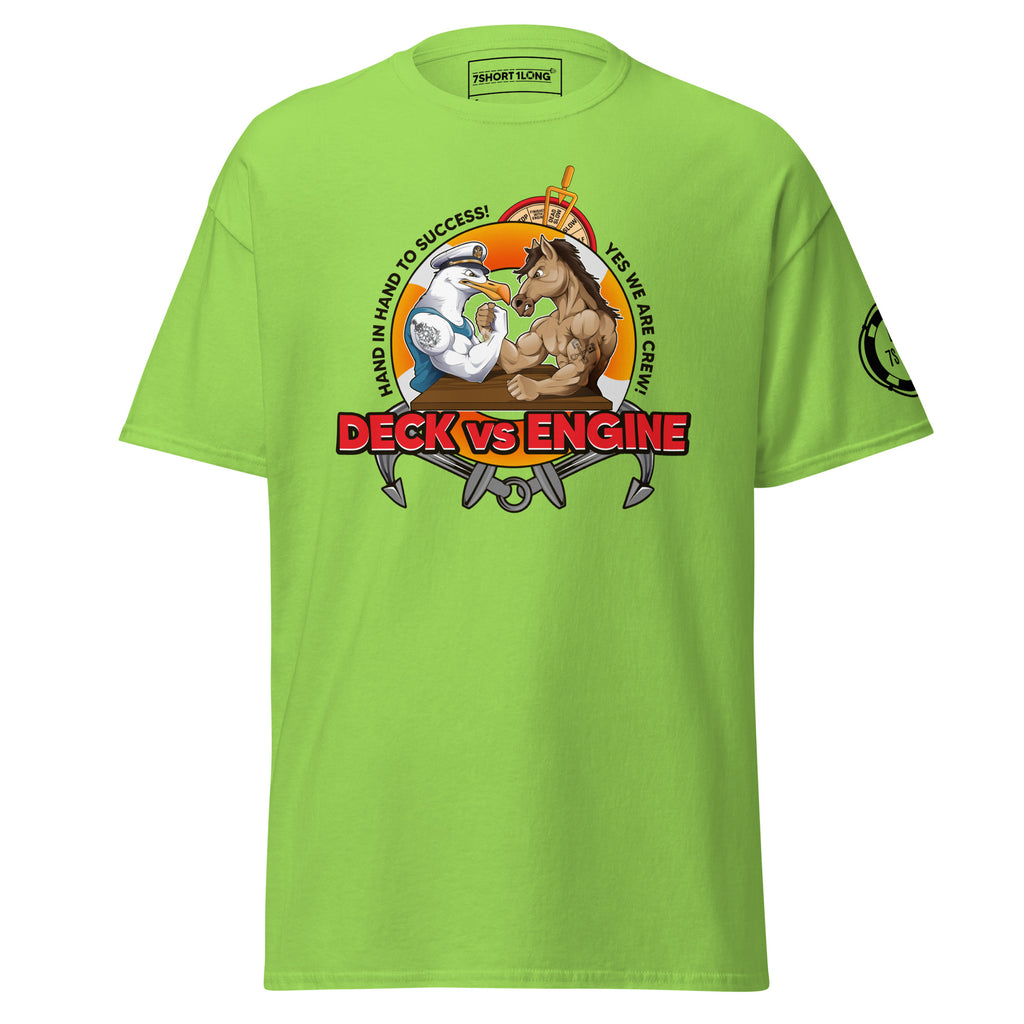 Maritime T-shirt with “Deck Vs Engine” design, symbolizing rivalry and cooperation between deck and engine departments on a ship.